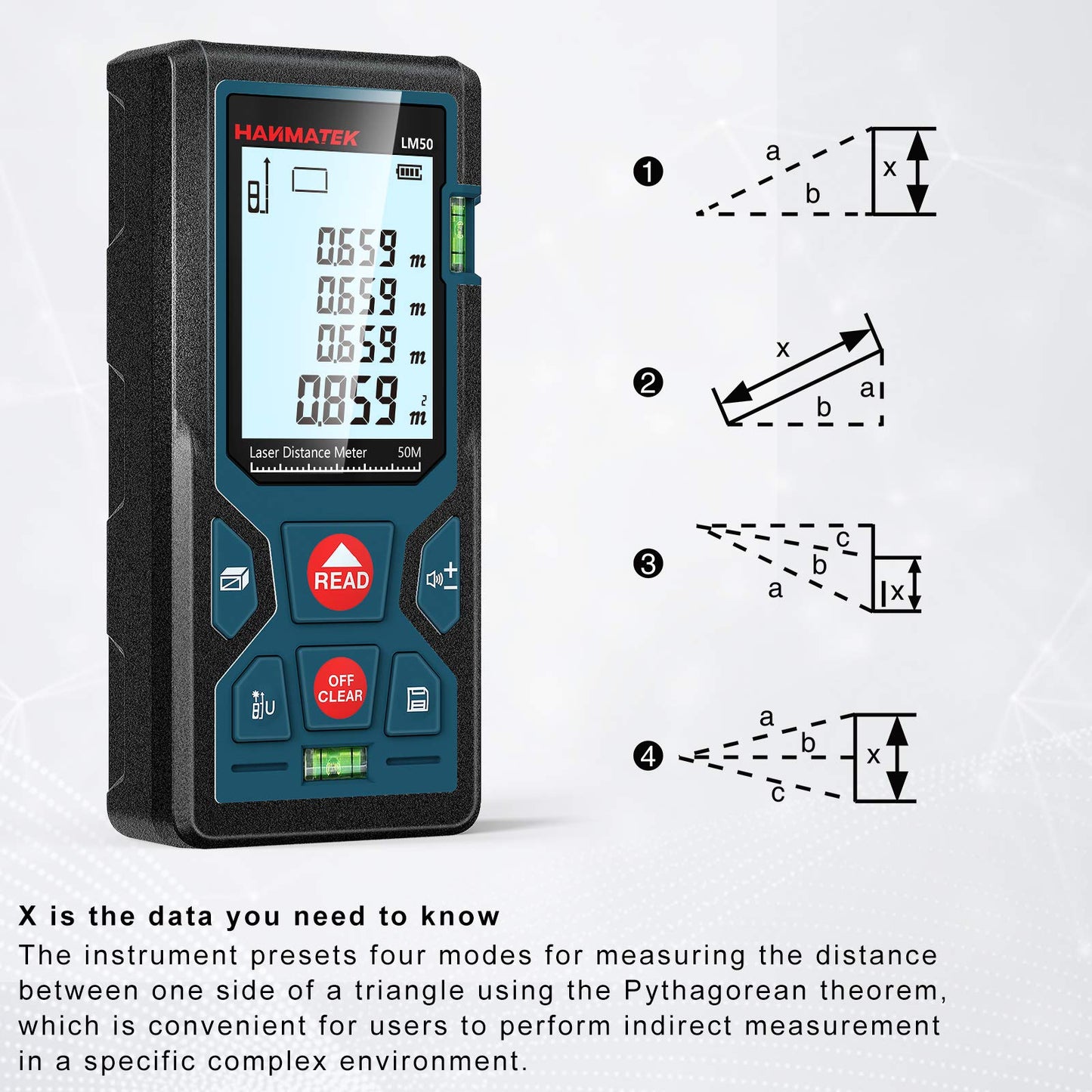 165ft/50m Laser Measure Ft/in/M Switching LM50 Laser Measurement Tool Devices with 2 Bubble Levels Distance Meter,Large Backlit LCD