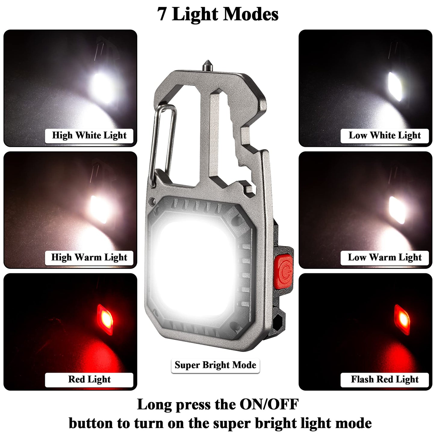 Rugtol Cob Keychain Work Light, Cob Rechargeable Key chain Light, 1000lumens Keychain Torch Led Super Bright with 7 Lights Modes, Mini Keyring Torches with Screwdriver Bottle Opener for Outdoor Hiking