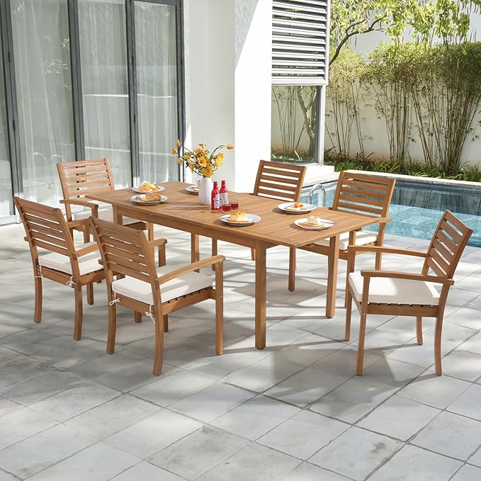 OC Orange-Casual Stackable Patio Dining Chairs Set of 6, Outdoor Acacia Wooden Chairs w/Armrest & Removeable Fabric Cushion, for Porch, Backyard, Garden, Indoor, Beige