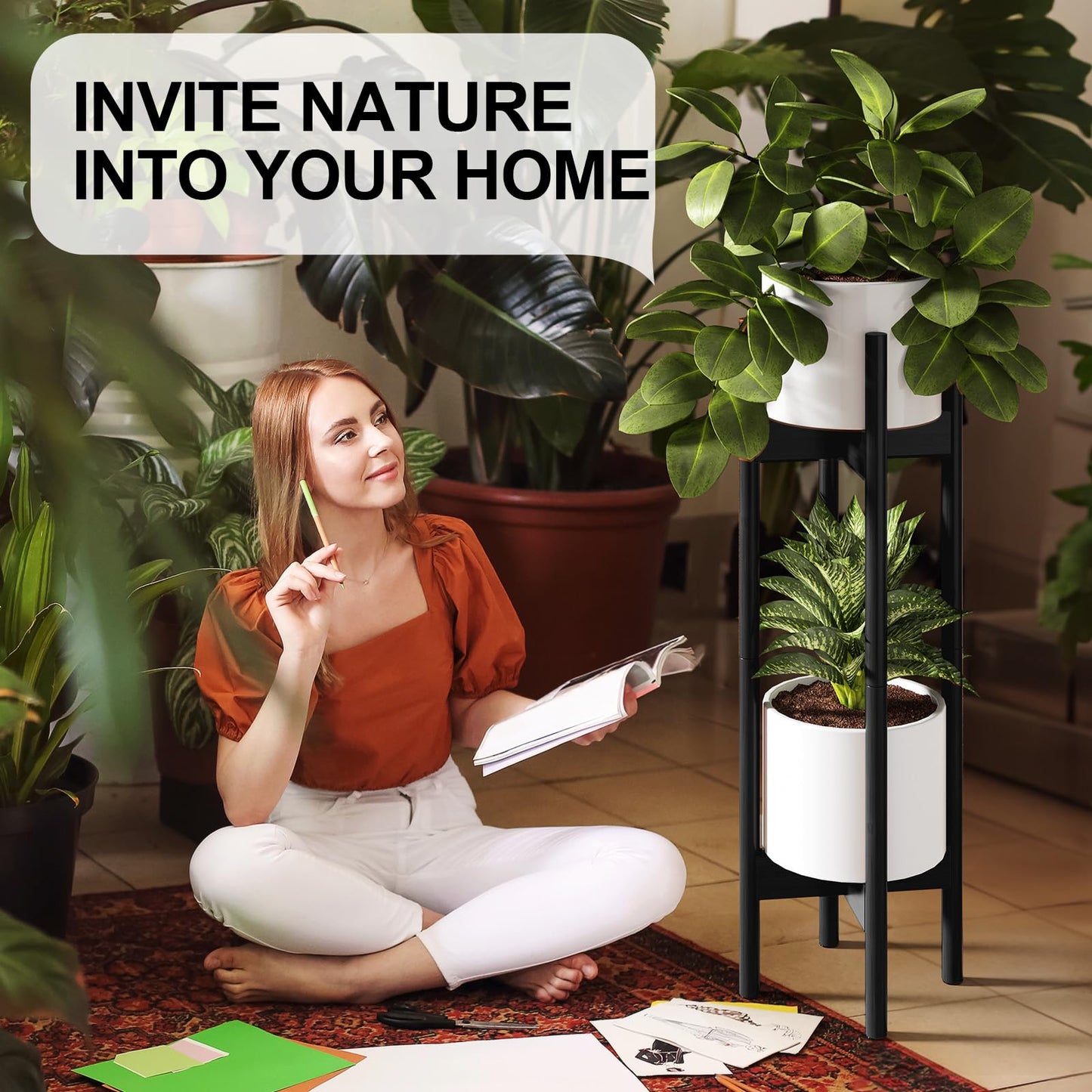 MUDEELA 2 Pack Indoor Plant Stands, 2 Tier Tall Plant Stand 30 inches, Mid Century Bamboo Plant Stand, Adjustable Width 8 - 12 inches, Fits Pot Size of 8 9 10 11 12 inches Pot & Plant Not Included, Black