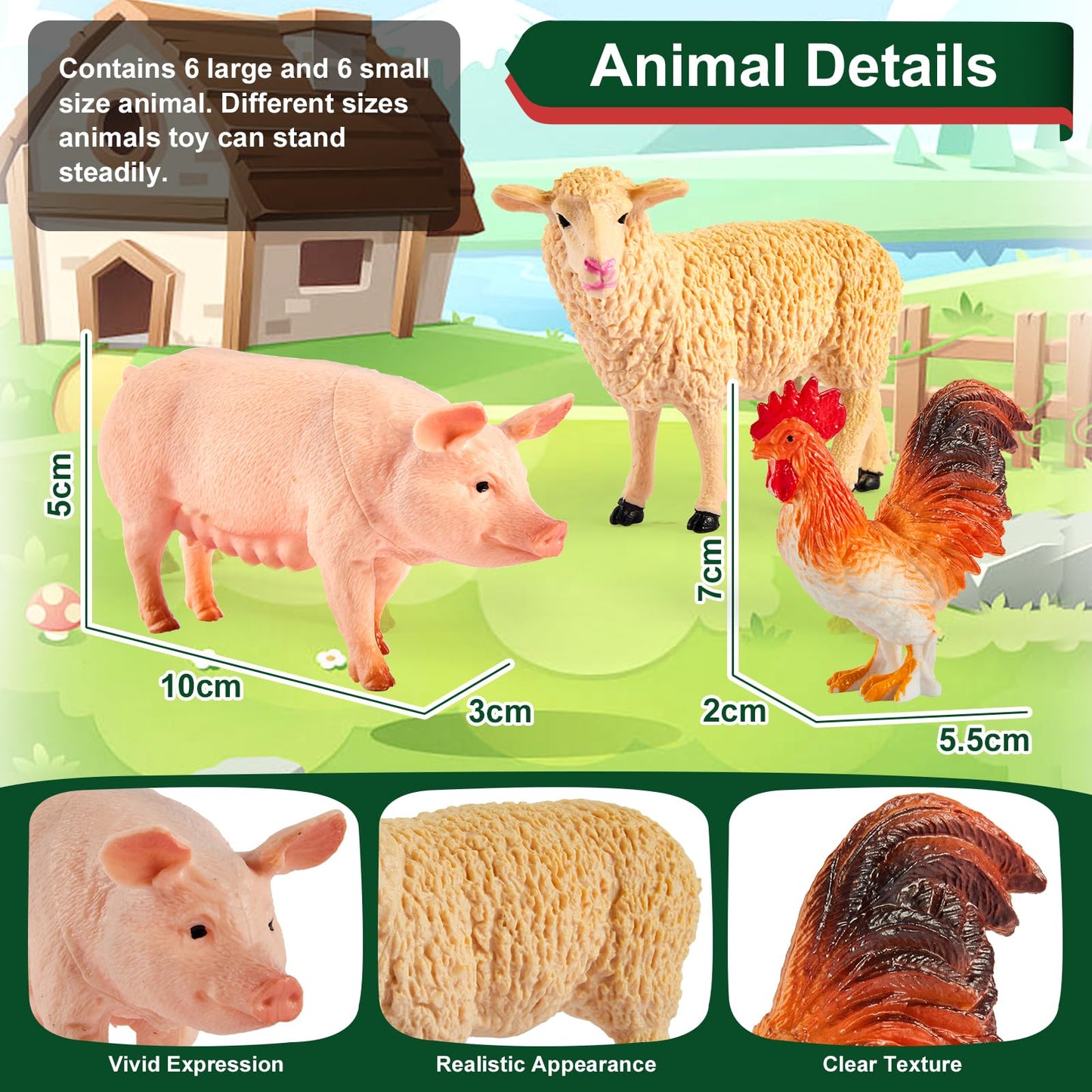 BUYGER Farm Animals Figures Set, Different Size with Tractor Trailer Vehicle Toy, Assemble Fence Farm House Barn Playset Gifts for 3 4 5 Year Olds Kids Toddler