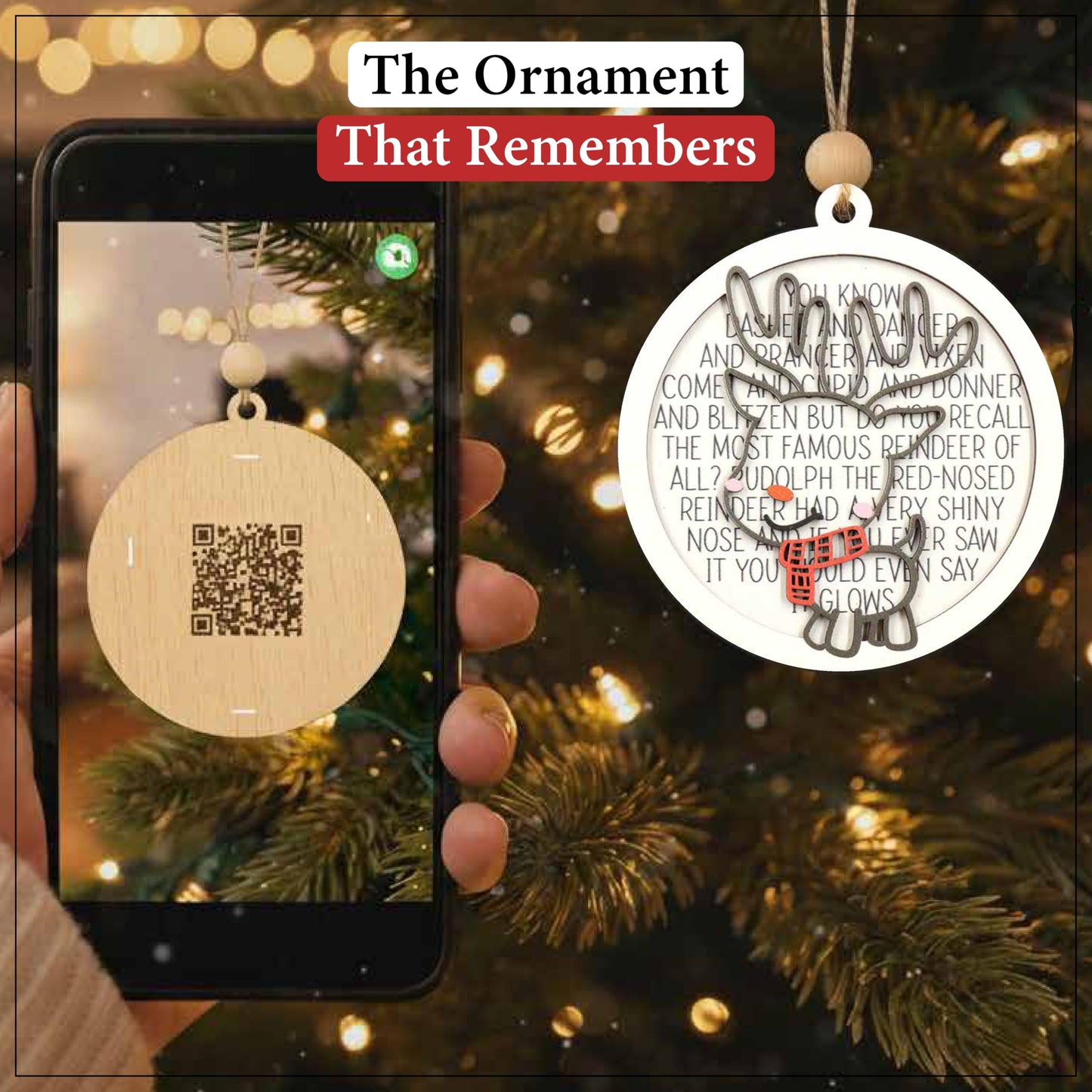 Living Legacy Reindeer QR Code – Wooden Ornament with QR Code, Custom Memory Ornament – Personalized Wooden, Hanging Christmas Ornament – Christmas Tree Decoration & Gift