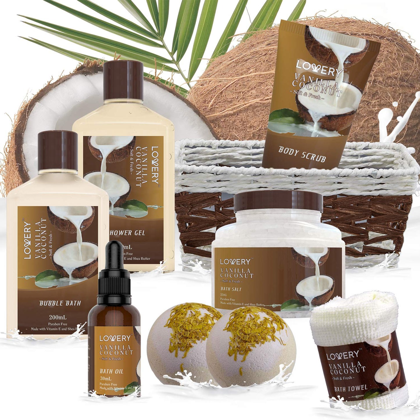 Gifts For Women Gift Basket for Womenโ 9 Piece Set of Vanilla Coconut Home Spa Set, Includes Fragrant Lotions, Extra Large Bath Bombs, Coconut Oil, Luxurious Bath Towel & More