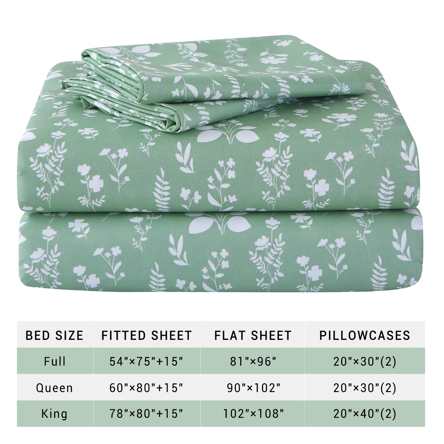 Viviland Sage Green Queen Sheet Set - 4 Piece Vintage Green Flower Patterned Bed Sheets - Soft, Breathable Microfiber Floral Sheets with Deep Pocket, Non-Slip Fitted Sheets & Pillowcases