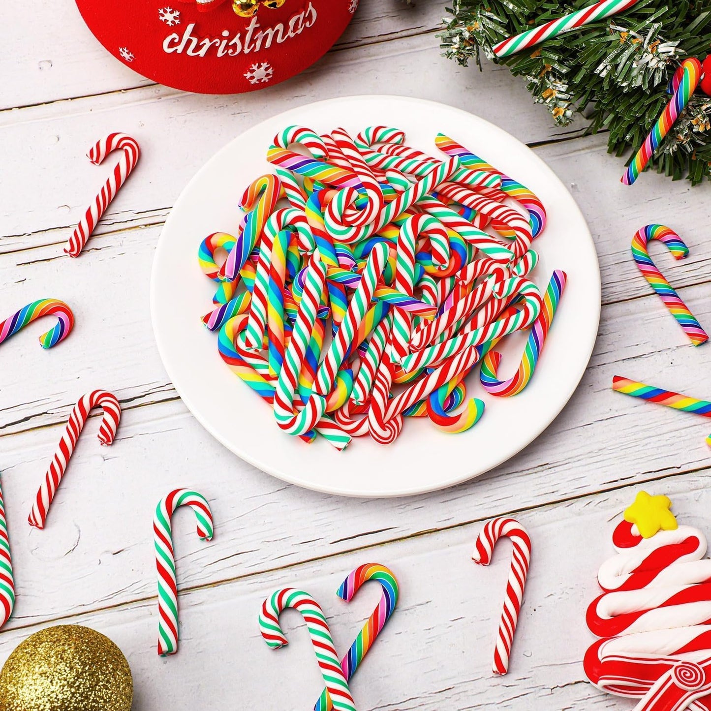 JUNEBRUSHS 120 Pcs Christmas Mini Candy Cane Fake Candy Canes Christmas Ornaments for Xmas Tree Vase Filler DIY Crafts Holiday Table Decor