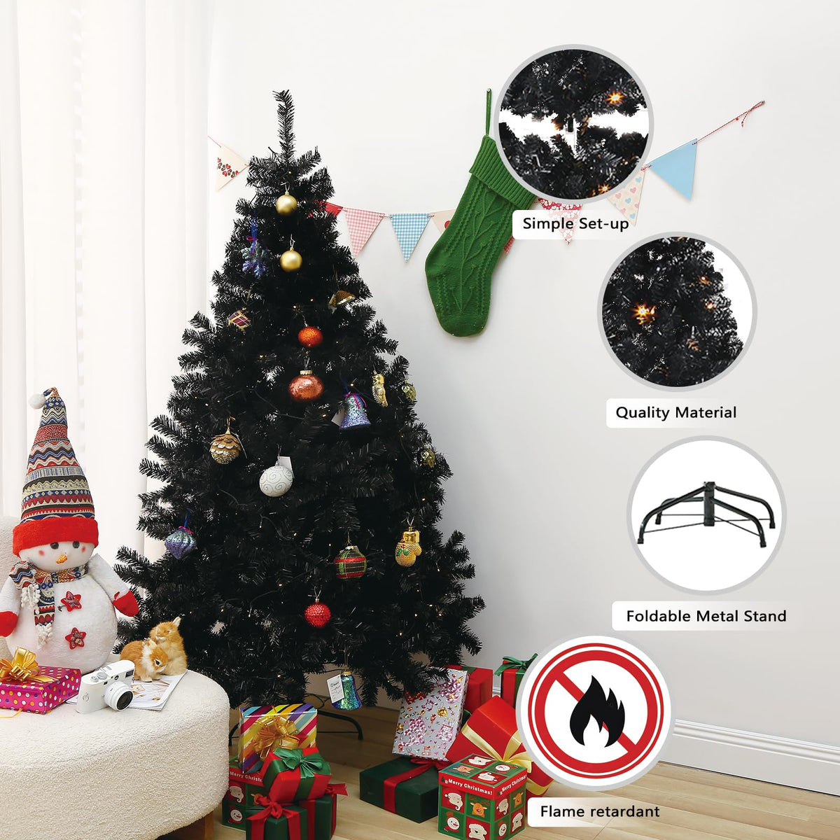 6Ft Artificial Christmas Tree with Metal Stand for Holiday Festival Parties Home Office Decor, 8 Modes 200 LED Warm White Lights Included