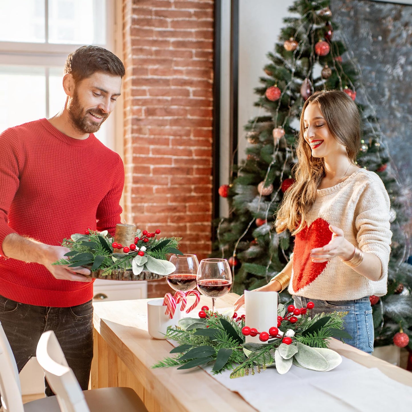 6 Pcs 9'' Mini Christmas Hanging Wreaths Artificial Norfolk Pine Red Berries and Lambs Ear Leaves Small Candle Ring Wreaths for Kitchen Cabinet Farmhouse Front Door Window Xmas (Excluding Ribbons)