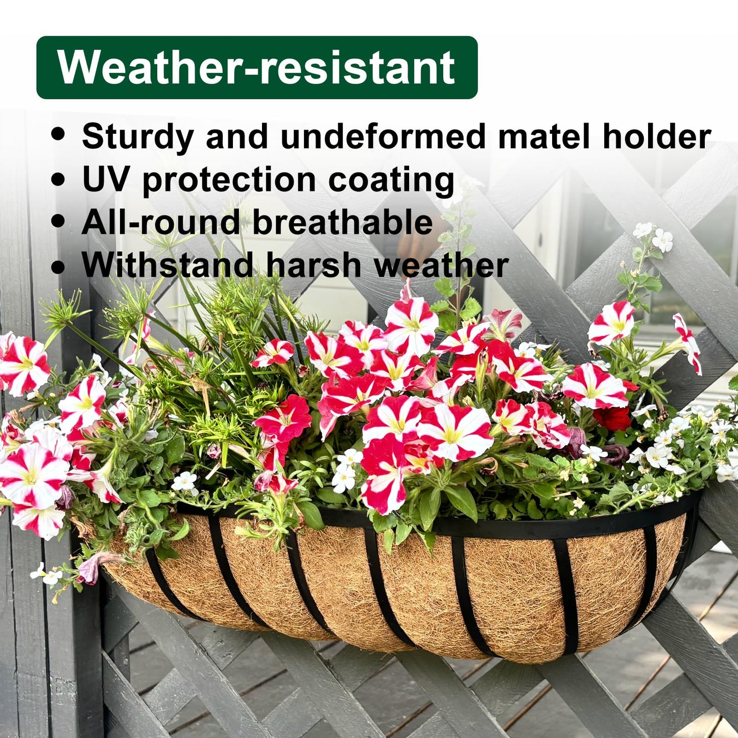 DUNCHATY 24 Inch Railing Planter 2 Pack - Adjustable Metal Window Box Planter with Coco Liner for Deck Balcony Porch Fence - Outdoor Hanging Flower Basket for Herbs & Flowers