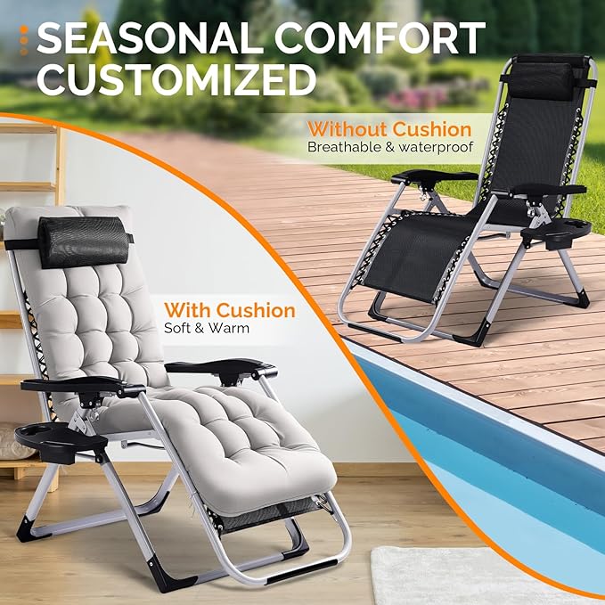 VINGLI Padded Zero Gravity Chair, Lounge Chair with Removable Cushion & Tray, Folding Reclining Patio Chairs, Recliner Chair for Lawn,Indoor and Outdoor