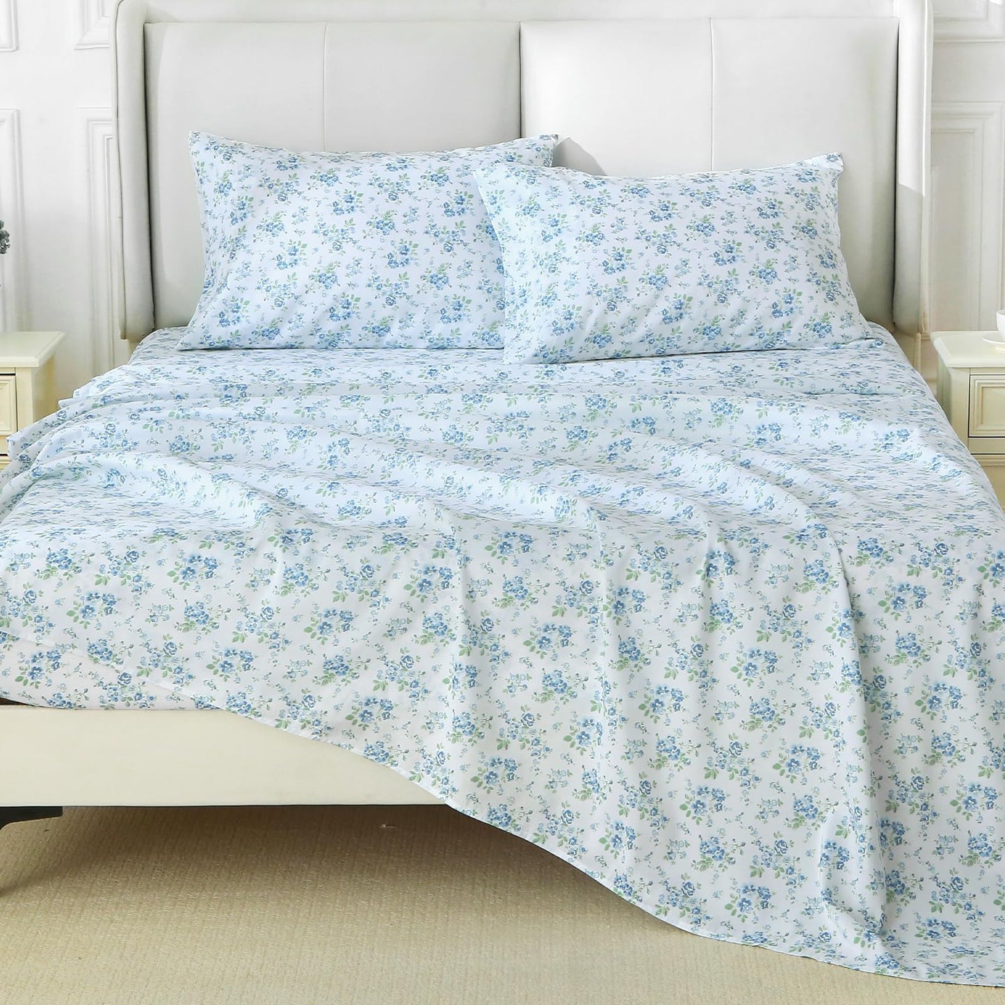 MUXHOMO King Size 4 Piece Sheet Set, Soft Breathable Bed Sheet Set for Bedroom with Deep Pocket Up to 16", Wrinkle-Free & Cooling Bedding for Oeko-TEX Certified - Blossoms Light Blue