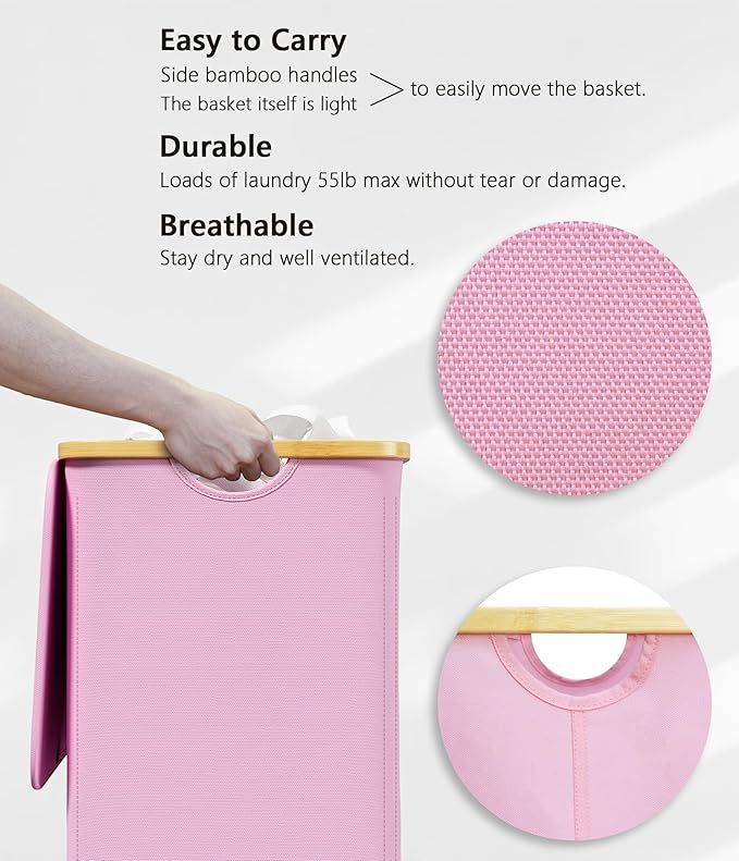 SUOCO Laundry Hamper with Lid, 29 Gal Clothes Basket with Bamboo Handles