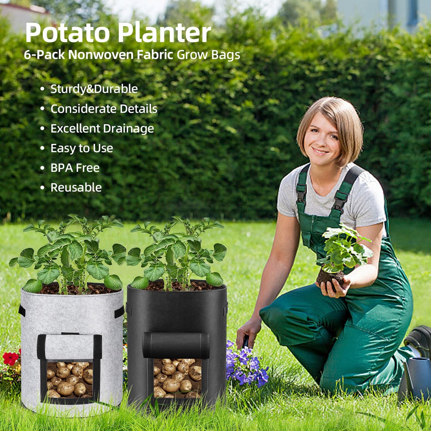6 Pack Potato Grow Bags, 10 Gallon Planting Bags Large Fabric Pots with Flap Window Vegetable Planter Garden Pot Tall Potato Growing Containers with Handles for Vegetables, Fruits, Black + Grey