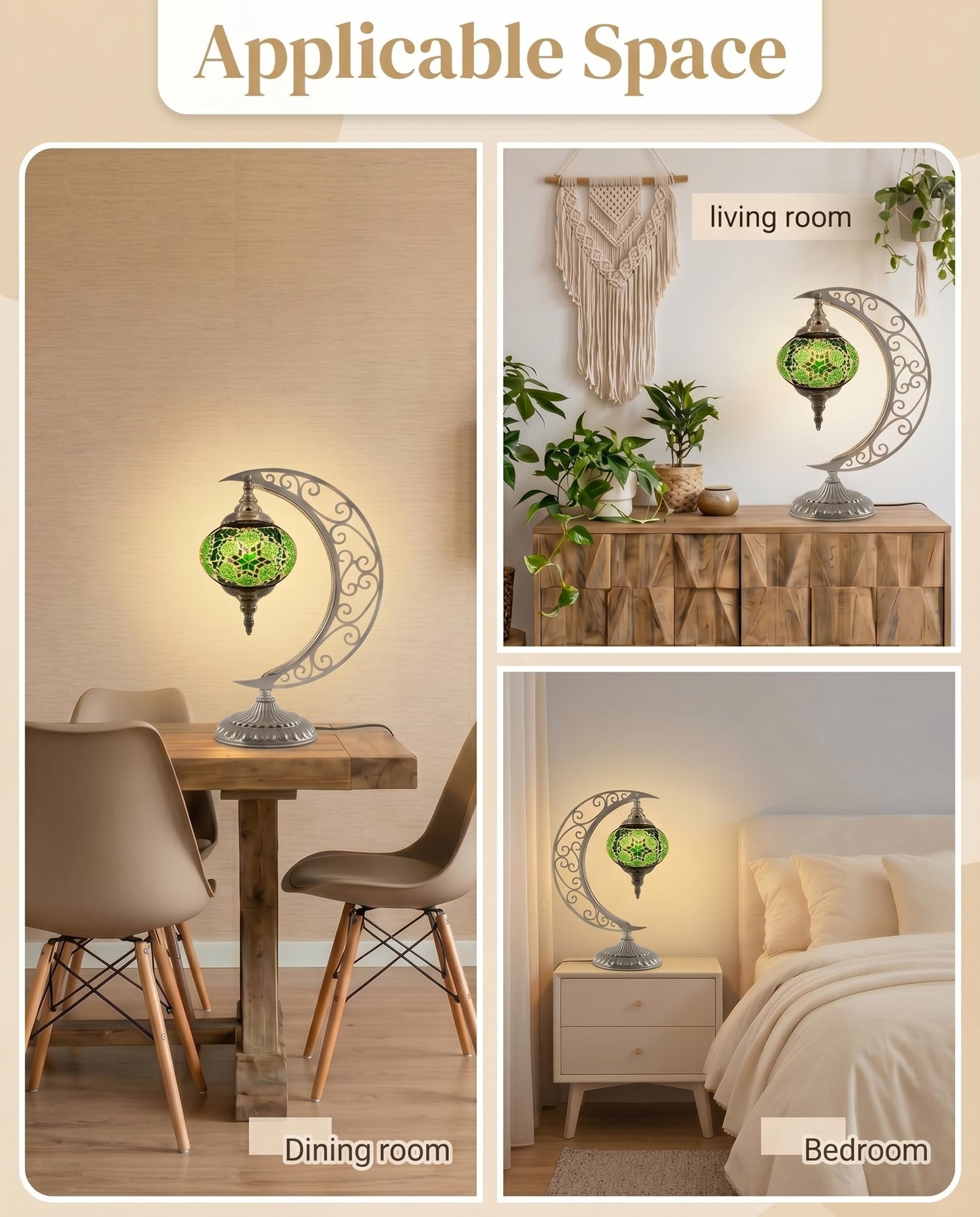 Baquler Turkish Mosaic Moon Lamp - Handmade Stained Glass Table Lamp with Metal Crescent Base, Bohemian Moroccan Bedside Night Light for Bedroom Living Room Decor, Unique Gift(Green)