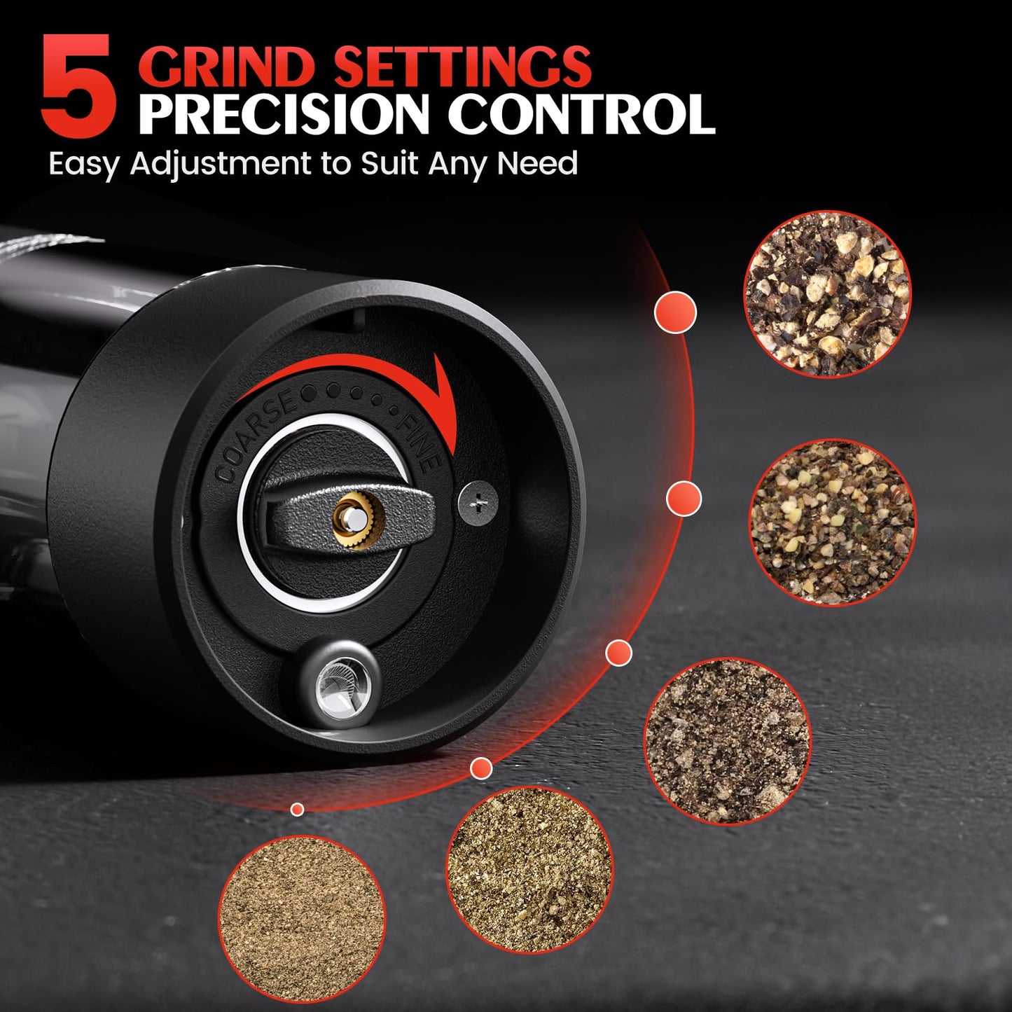 Electric Salt and Pepper Grinder Set Automatic Battery Pepper Mill Shakers Adjustable Coarseness Easy Filling Upgraded Larger Capacity with Led (2 Pack Black/Black)