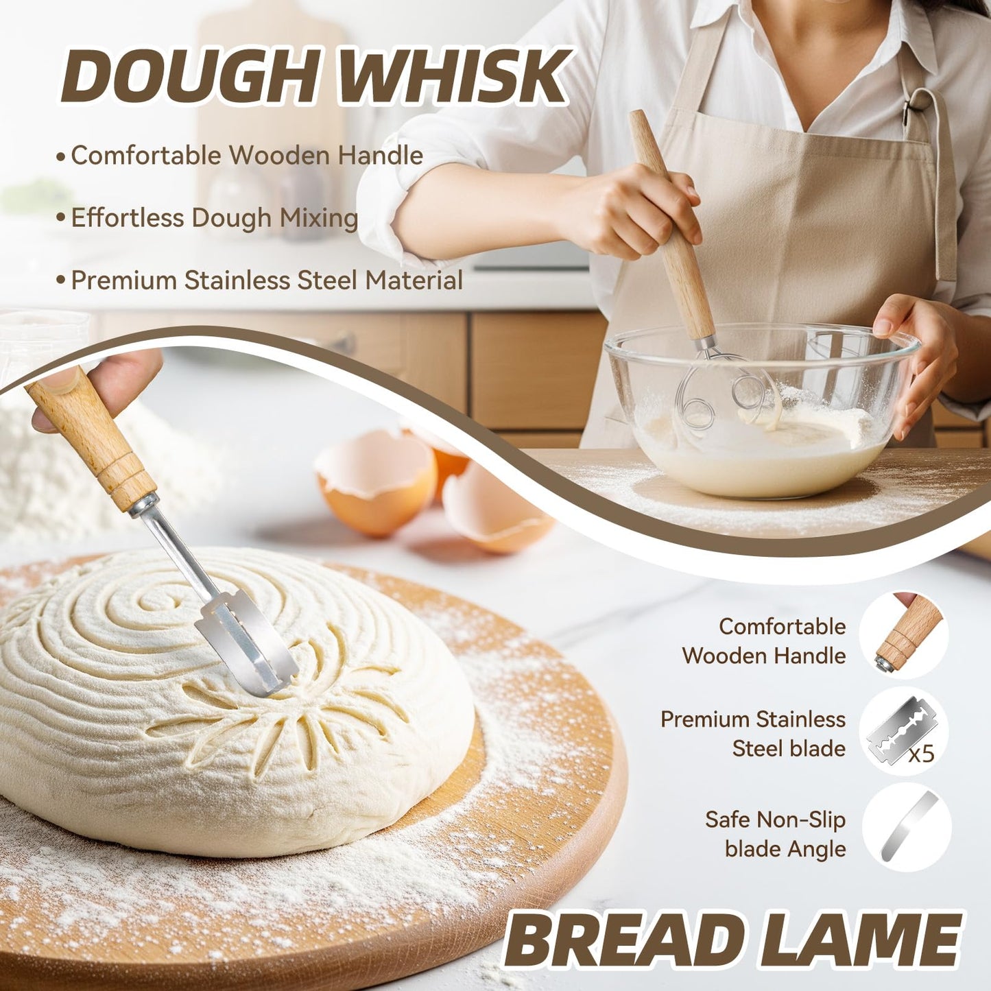 Bread Proofing Basket, Kikcoin Banneton Bread Proofing Basket Set of 2, 9 Inch & 10 Inch Round Sourdough Proofing Basket with Linen Liner, Bread Lame, Dough Whisk