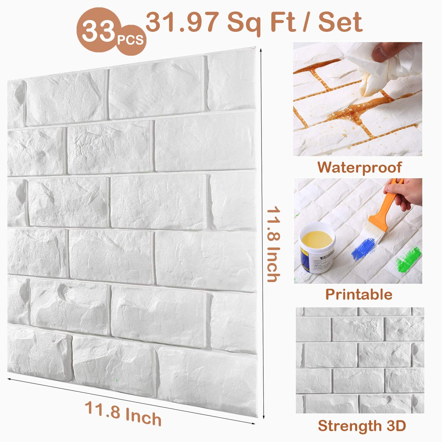 30 Pcs 3D Wall Panels, White Brick Printable 3D Wallpaper Stick and Peel, Self Adhesive Waterproof Foam Faux Brick Paneling for Bedroom, Bathroom, Kitchen, Fireplace (29.06 sq feet Coverage)