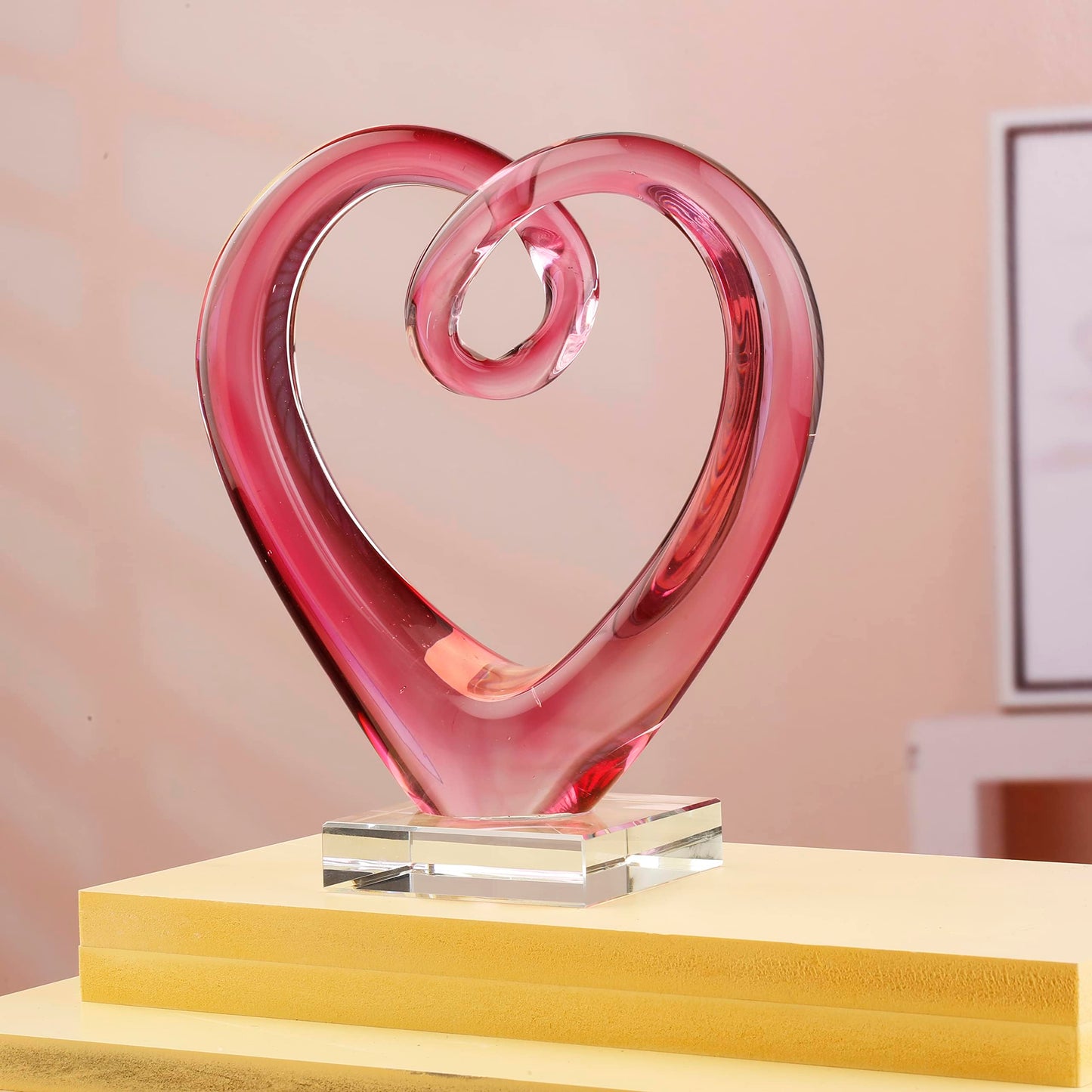 Yao Yuan 7.49'' Tall Hand Blown Art Glass Pink Heart Sculpture, Glass Heart Figurines Party Home Decoration,Art Sculpture Collection for Valentine's Day Gift (Pink)