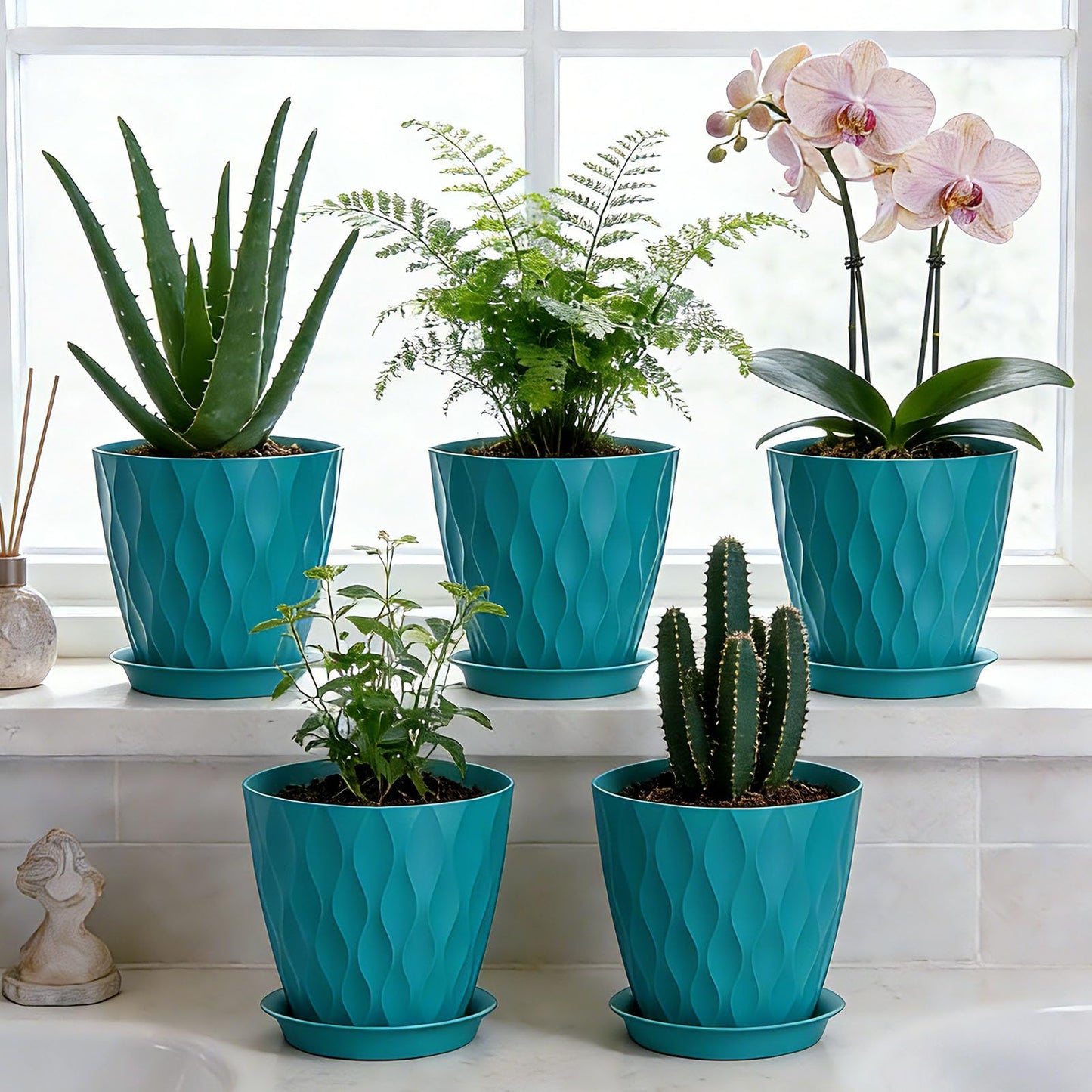 SQKH 8 Inch Plastic Plant Pots,Set of 5 Flower Pots,Planters with Drainage Holes & Saucers, Indoor Outdoor Garden Pots for Home Decor(Blue-Green)
