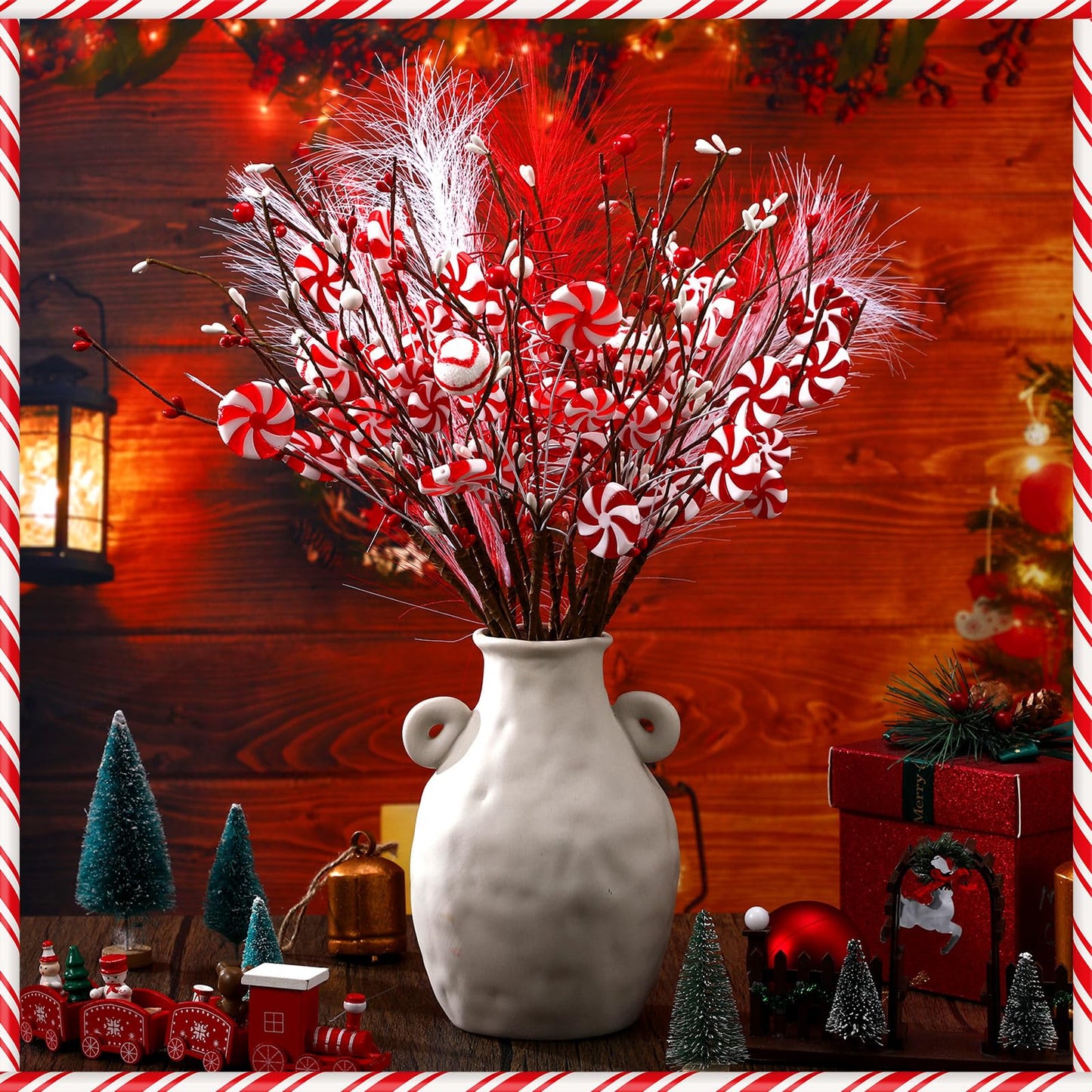 24 Pcs Christmas Candy Cane Picks Berry Lollipop Christmas Decoration 16 Inch Red and White Candy Cane Stem Christmas Tree Pick for Xmas Decor DIY Home Vase Filler Craft Wreath Holiday Party Ornament
