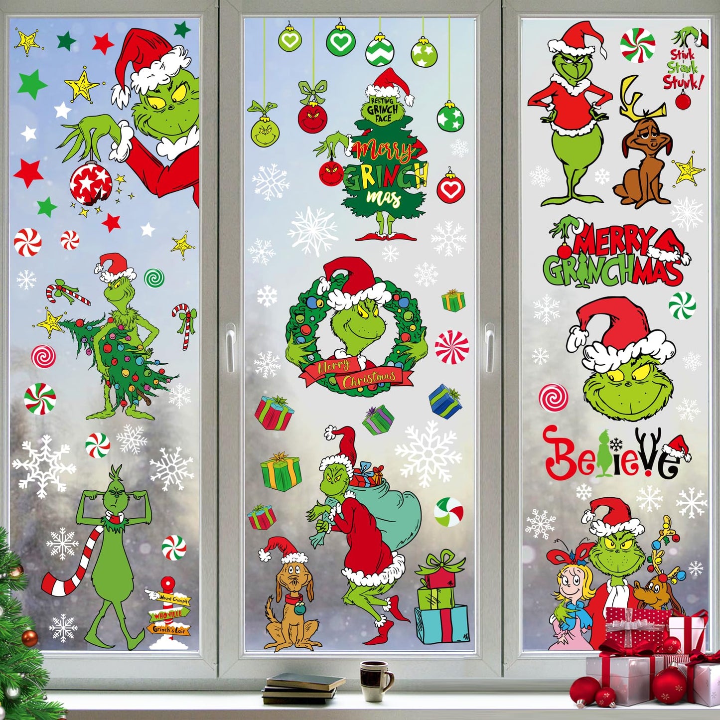 Christmas Window Clings Xmas Decor - 90 PCS Reusable Double Sided Static Window Stickers - Merry Christmas Gel Decals for Xmas Decorations Indoor Party Supplies