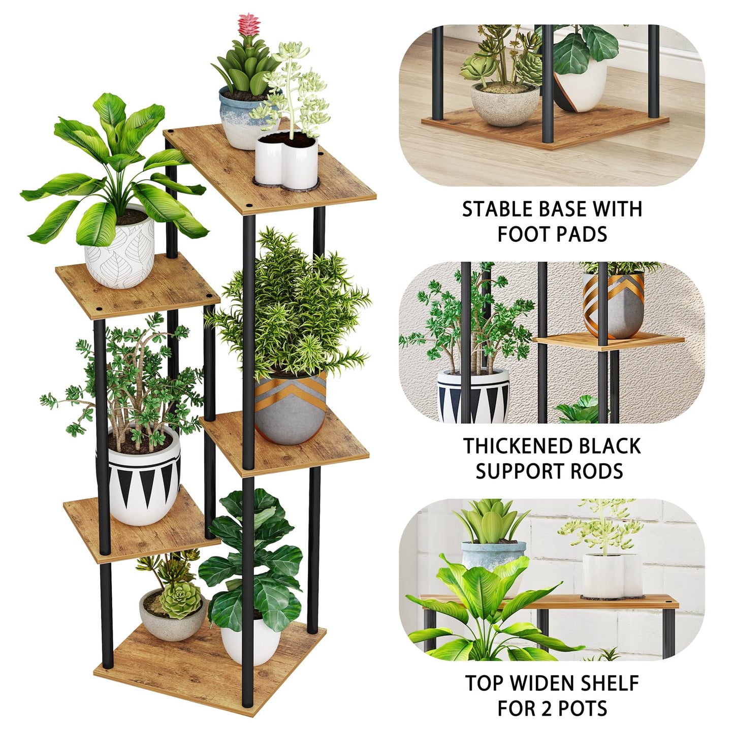 HAYOFAMY 5 Tier Plant Stand Indoor, Tall Plant Shelf Metal Wood Multiple, Flower Pot Holder for Living Room Office Balcony Patio, Rustic Brown