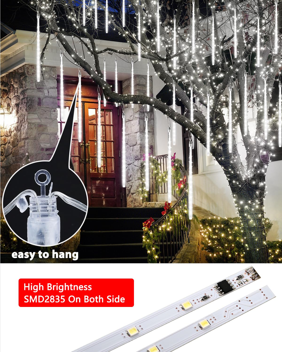 Joomer Christmas Lights Outdoor, 11.8 inch 10 Tubes 240 LED Meteor Shower Lights, LED Snow Falling Icicle Cascading Light with Timer Waterproof and Connectable for Christmas Decoration (White)