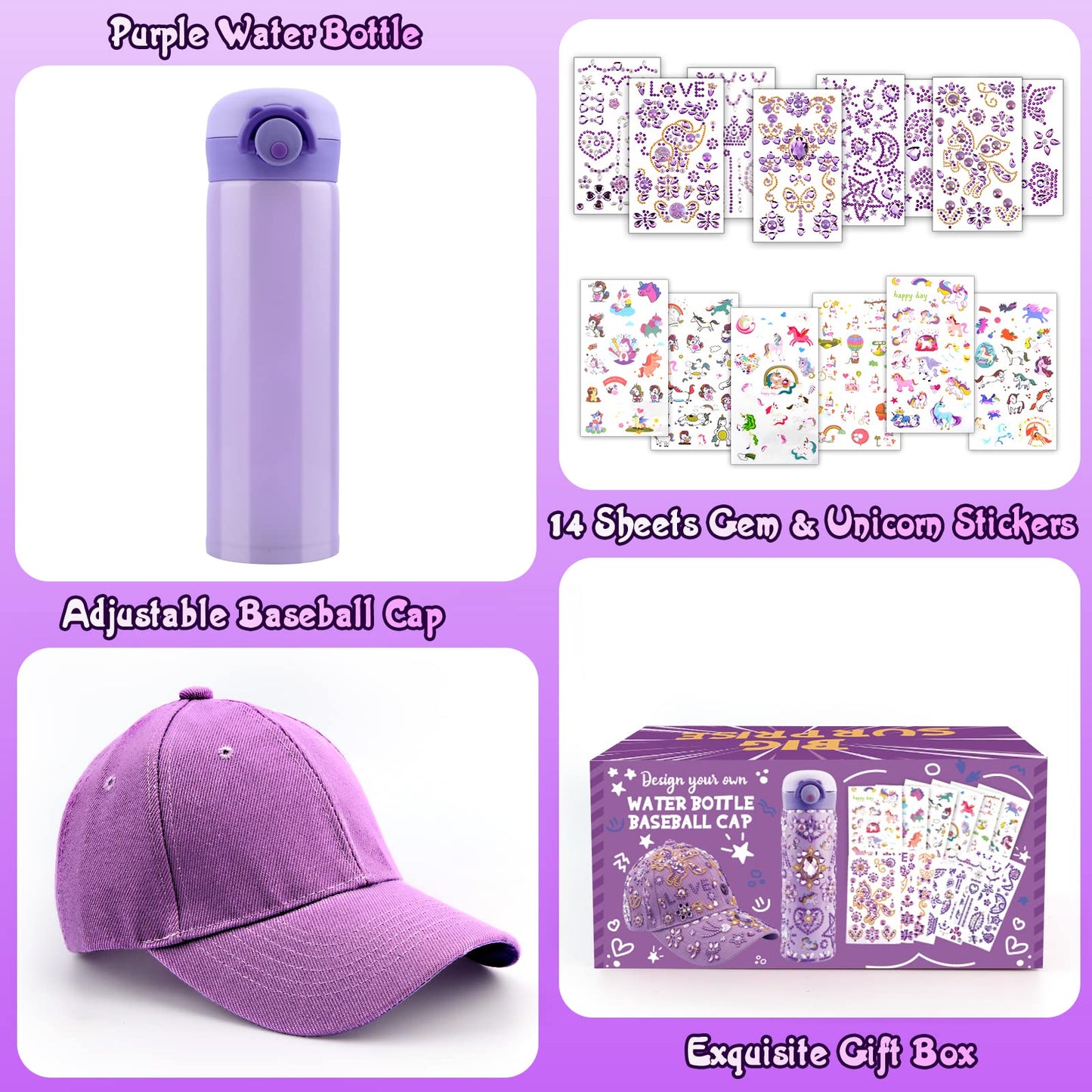 Gifts for Girls Age 4-12, Birthday Gifts Presents for Girls 5 6 7 8 9 10 11 Year Old, Back to School DIY Water Bottle and Baseball Cap Toys for Girl Craft Kit, Decorate Your Own Water Bottle Kids