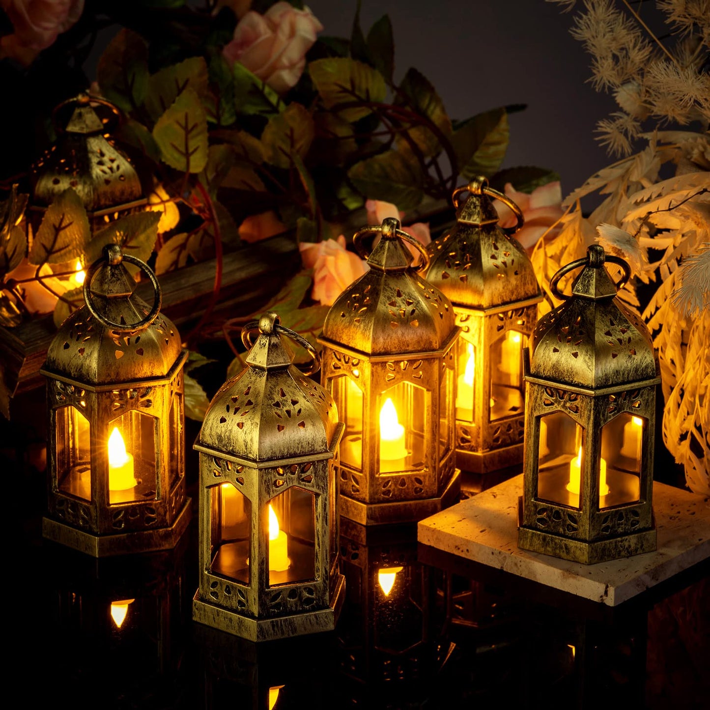 12 Pieces Mini Lanterns with Flickering LED Candle, Batteries Included, Decorative Hanging Candle Lantern for Indoor Use, Wedding, Party, Table Centerpiece (Gold, )