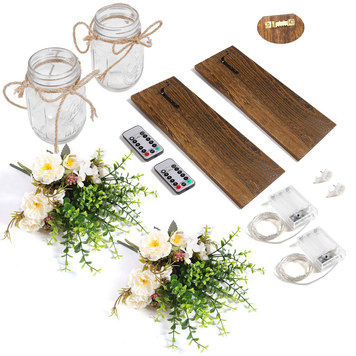 Rustic Wall Sconces Mason Jar Sconces Handmade Wall Art Hanging Design with Remote Control LED Fairy Lights and White Peony, Wall Decor Gift Farmhouse Wall Home Decor Living Room Lights Set of Two
