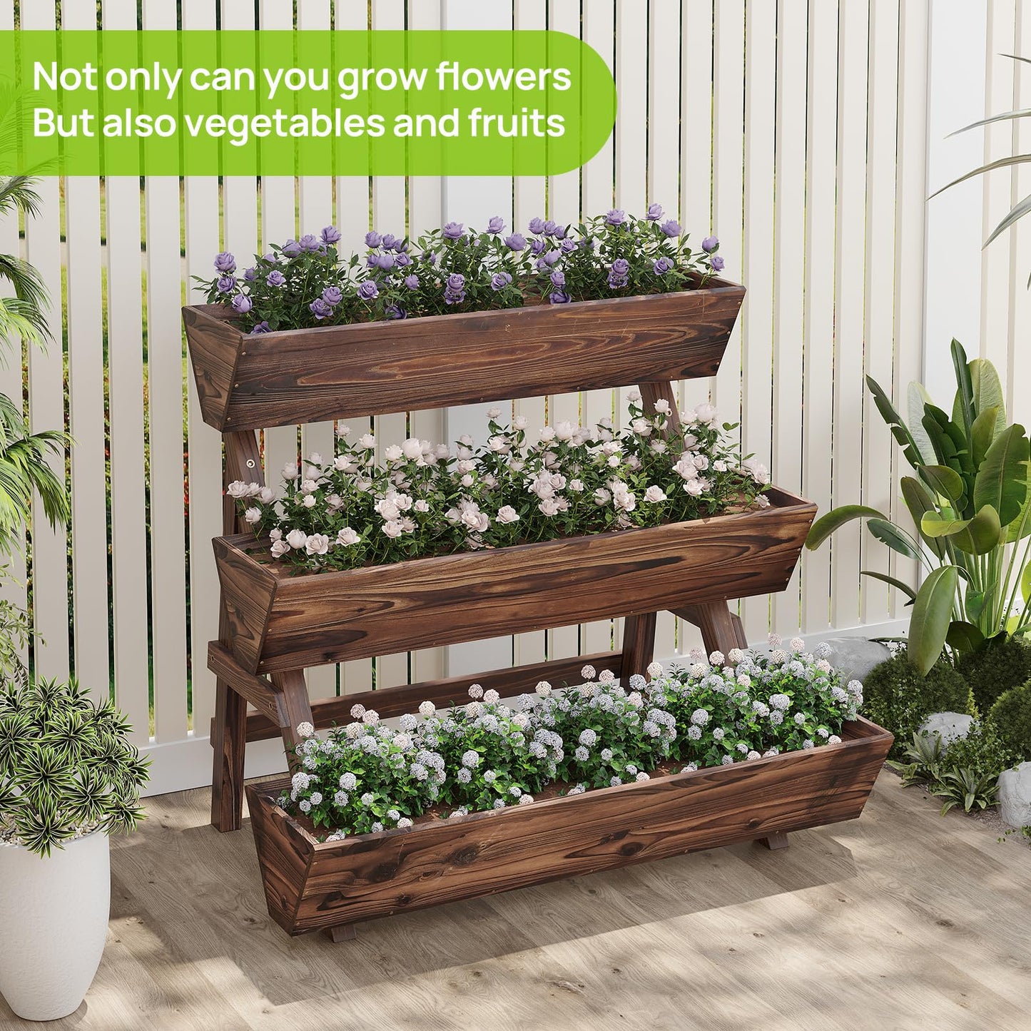 Dawnyard 3-Tiers Wooden Raised Garden BedPlanter Box Gardening Outdoor Planter Box Patio Kit Tiered Planter Box Vertical Garden Planter Wood Plant Stand for Patio, Balcony, Freestanding (Carbonized L)