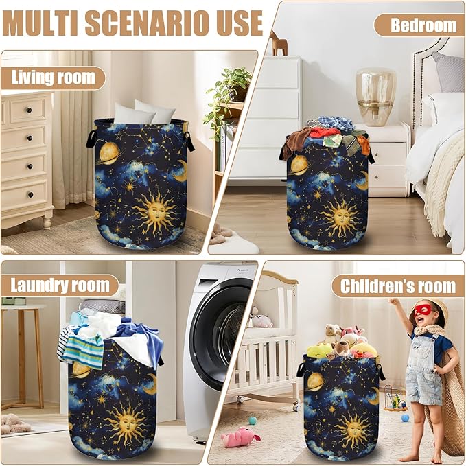 Sun Moon Laundry Basket, Foldable Cloudy Starry Night Laundry Hamper Tote Bag