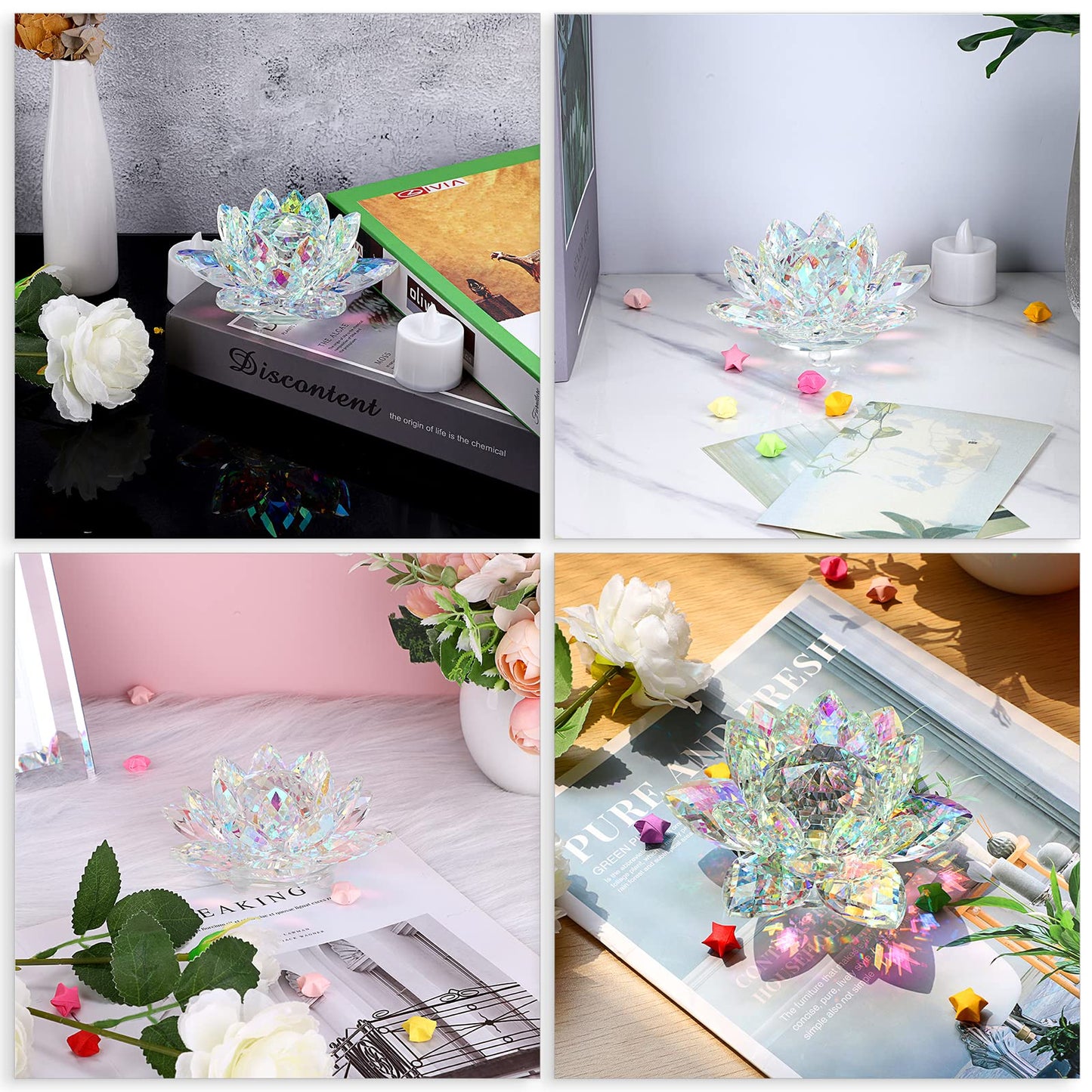 OwnMy Sparkle Crystal Lotus Flower Figurines Decorative Lotus Flower Ornament, 5 Inch Glass Lotus Feng Shui Decor Crystal Flower Paperweight for Home Office Tabletop Centerpieces