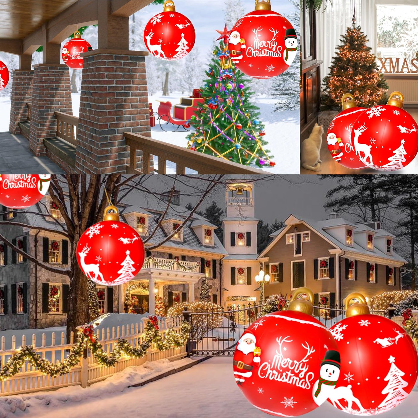 2PCS Christmas Inflatable Decorated Ball 24in Yard Inflatable Christmas Balls Giant Xmas Tree Ornaments PVC Blow up Yard Decorations for Outside Holiday Yard Lawn Porch Decor
