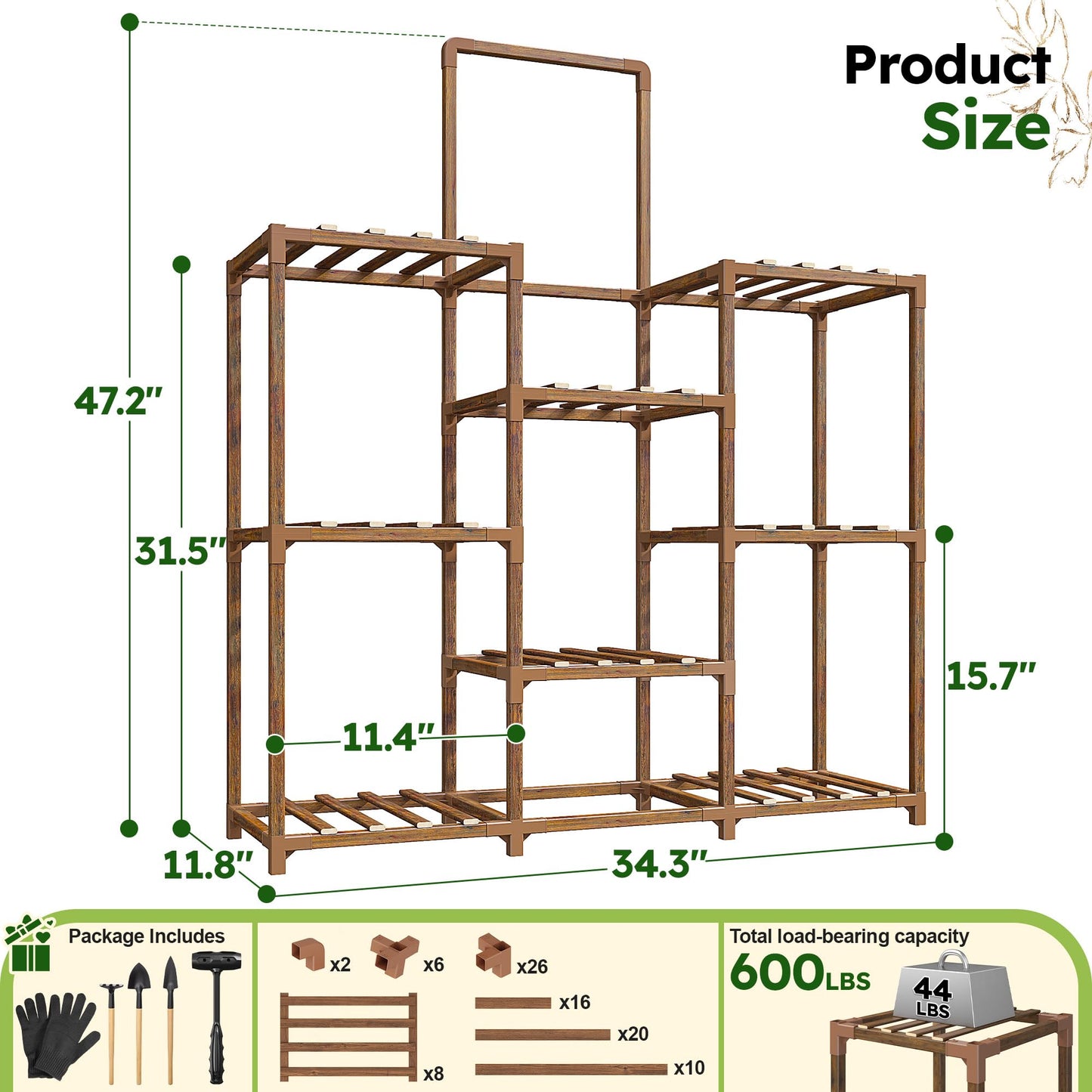 EnHomee Plant Stand, 8 Tiers Indoor Plant Stand for Multiple Plants Pot, Wood Plants Shelves for Living Room, Patio, Balcony, Yard, Garden, 34.3" W x 11.8" D x 47.2" H