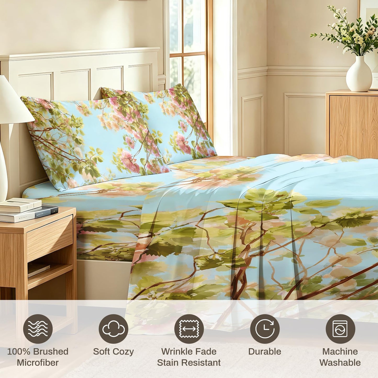 Spring Flower Bedding Set 4 Pcs Blue Sky Floral California King Sheets