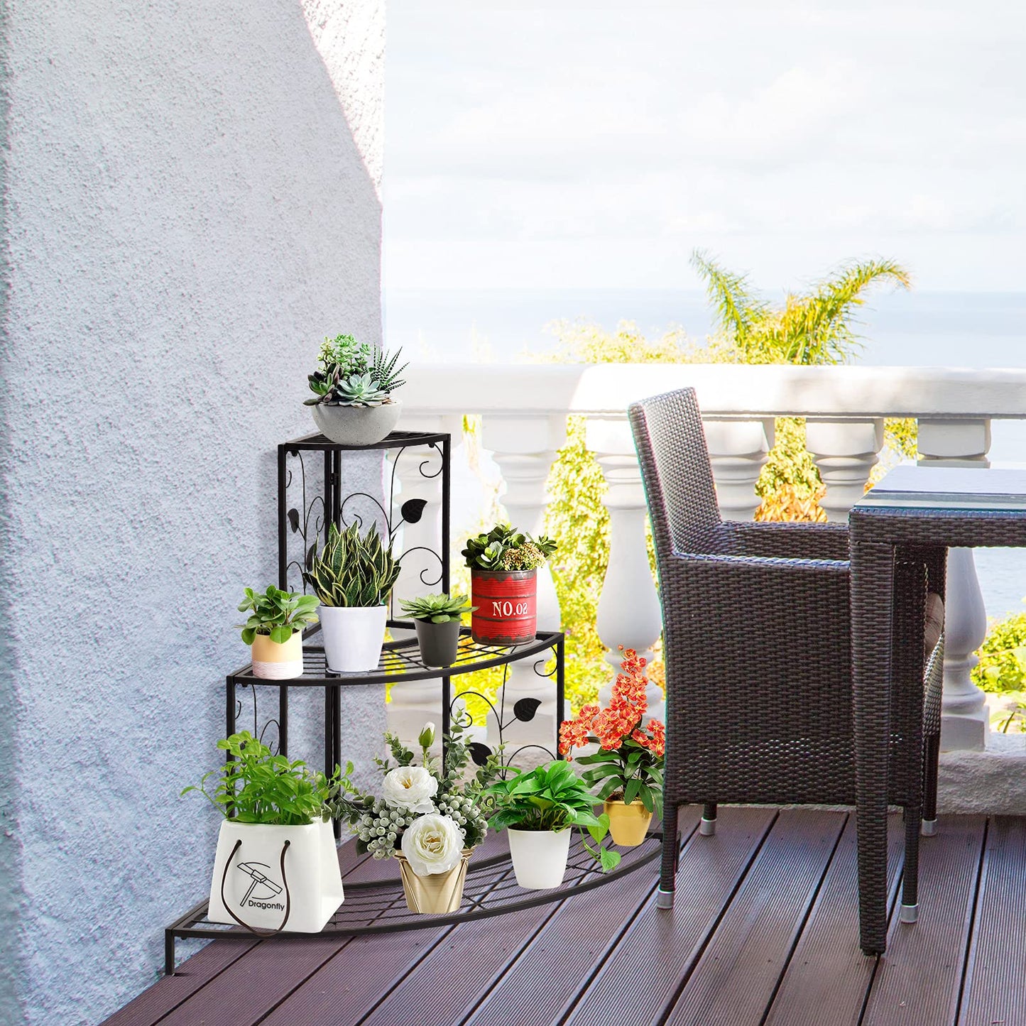 S AFSTAR Corner Plant Stand, 3-Tier Mental Plant Stand, Plant Flower Pot Display Rack, Pot Holder Shelf, Rustproof Ladder Potted Shelf, Outdoor Plant Stands for Patio Garden Yard Balcony (Black)