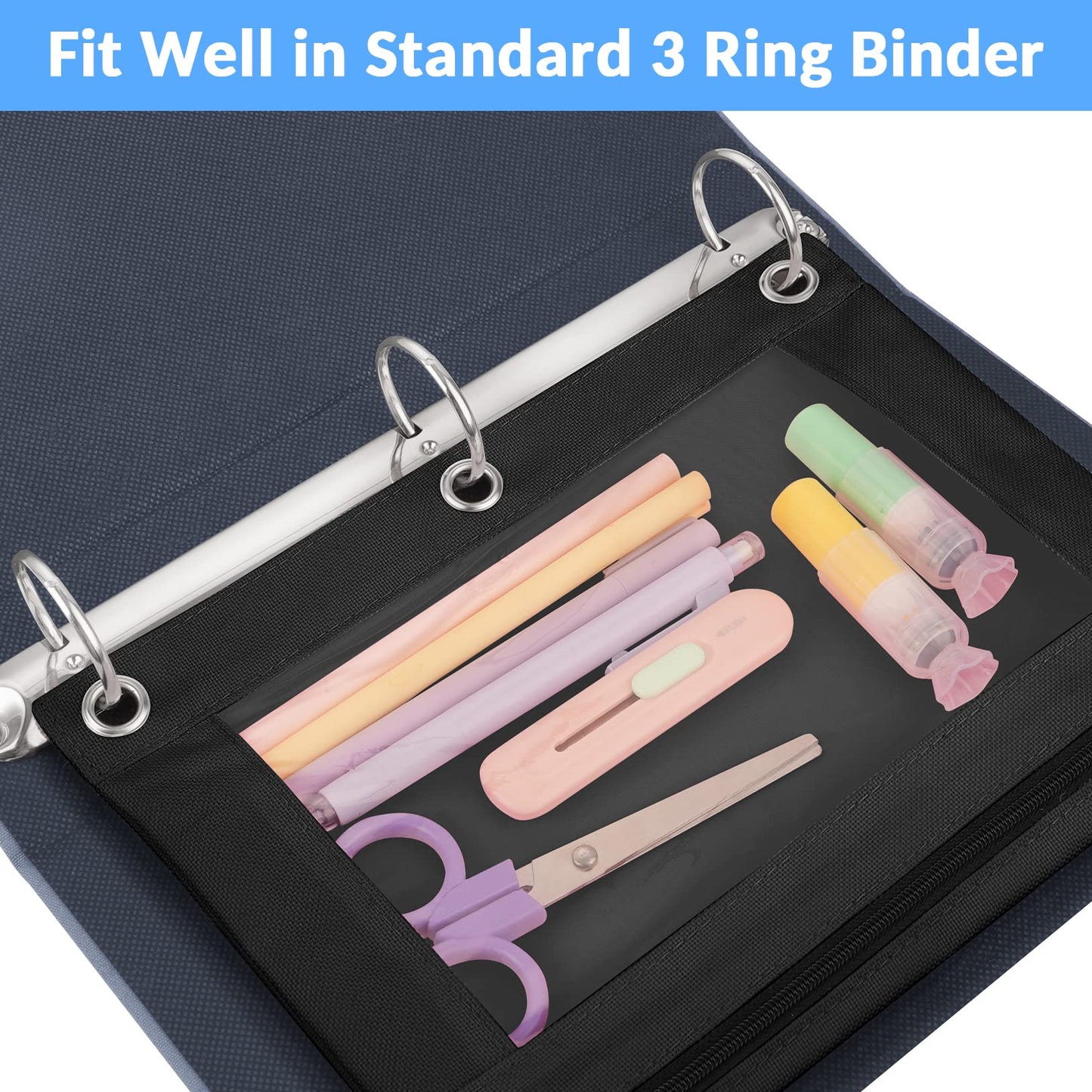 Sooez Pencil Pouch for 3 Ring Binder, 2 Pack Binder Pencil Pouch with Clear Window Pencil Bags with Zipper & Reinforced Grommets, Pencil Case for Binder Black & Black