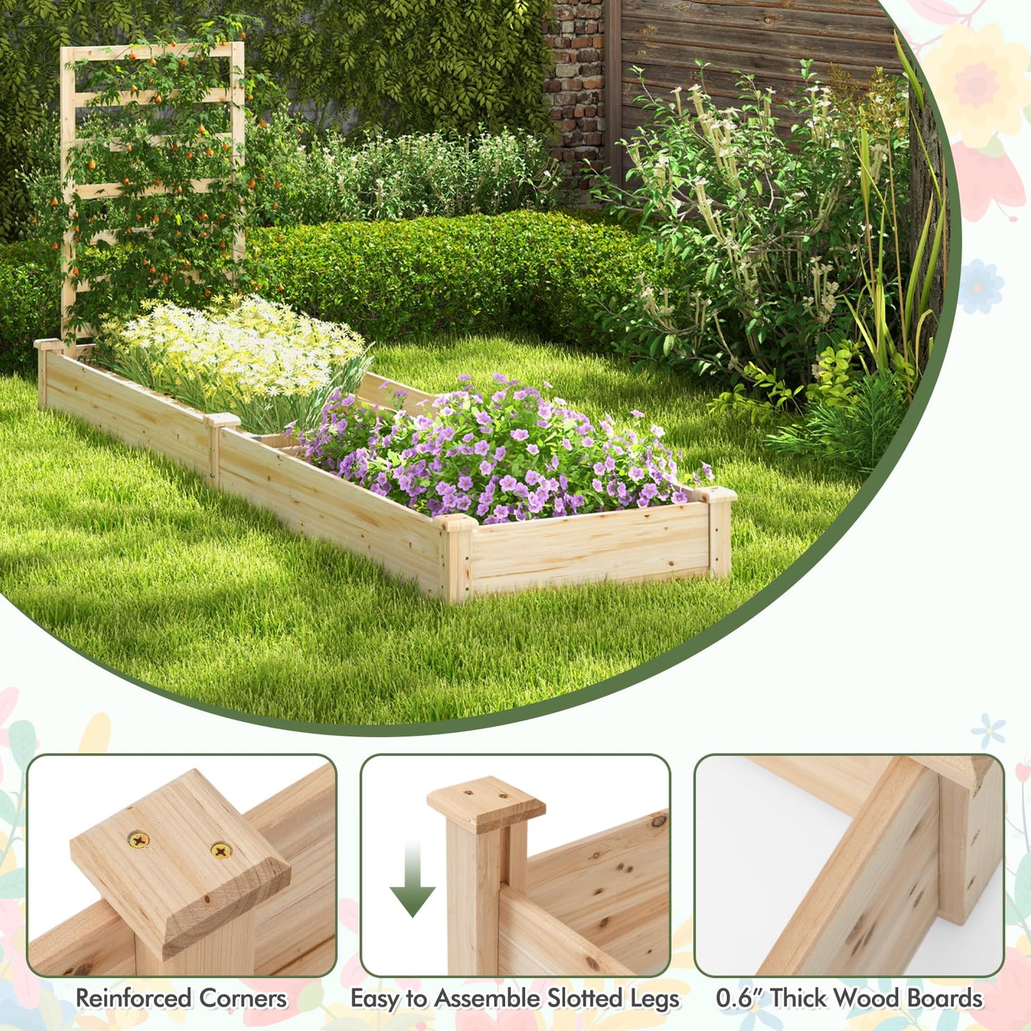 HAPPYGRILL Raised Garden Bed with Trellis, Wooden Garden Box with Divided Space for Vegetables, Flowers, Fruits, Climbing Plants, Outdoor Elevated Planter Box for Yard Patio, 93”L x 25”W x 40”H