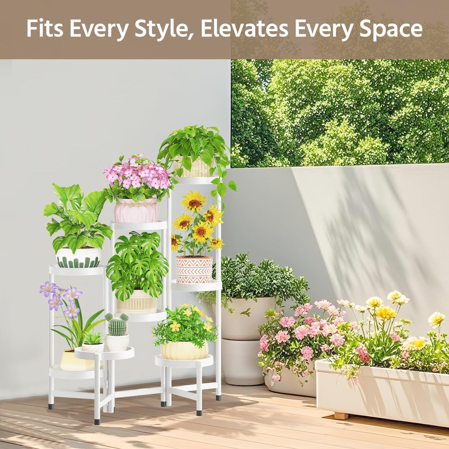 LASZOLA 8 Tiered Plant Stand Indoor Outdoor with Plastic Tray, Corner Folding Tall Flower Display Rack, Modern Plant Holder Shelf for Outdoor Patio Porch Garden Office Living Room, White