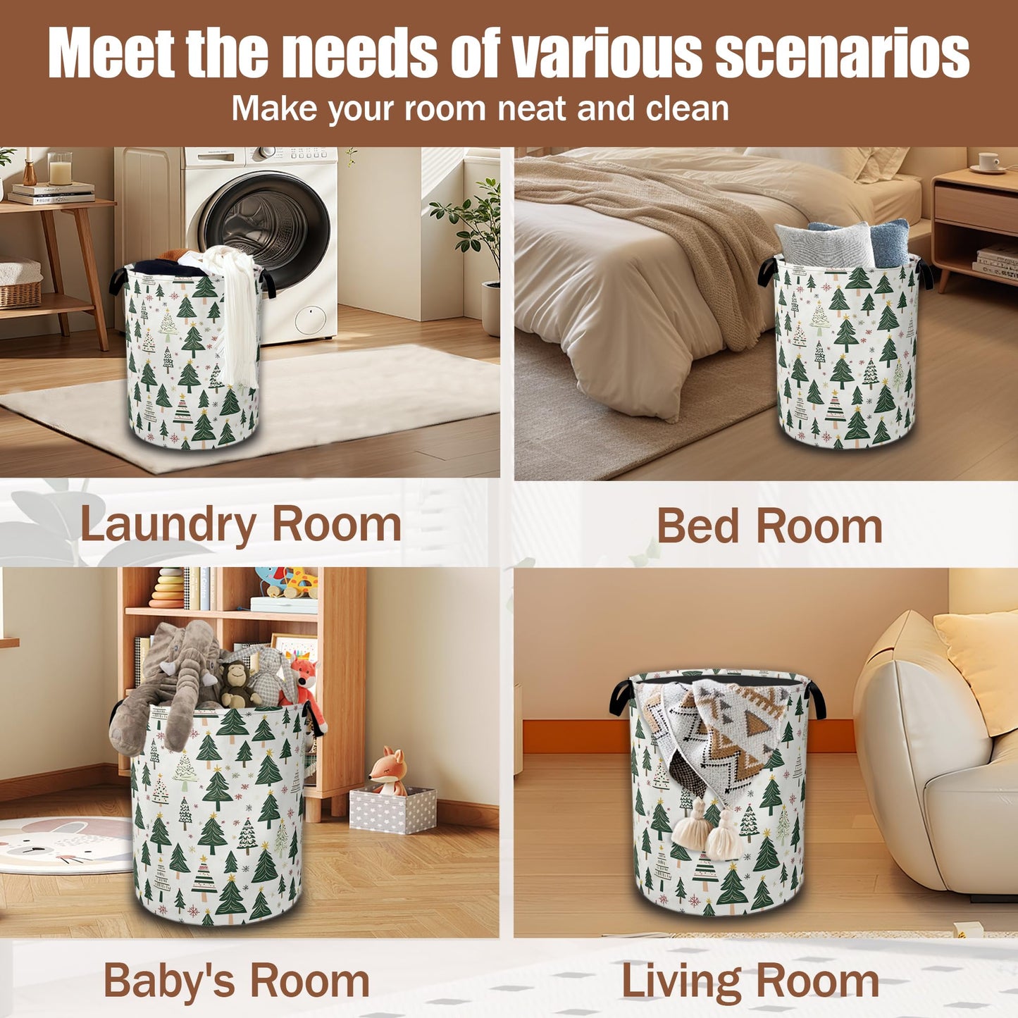 Christmas Pine Tree Laundry Basket,Waterproof Foldable Laundry Hamper,Dirty Clothes Basket, Linen Bin Storage Organizer Collection 16" x 20.8"