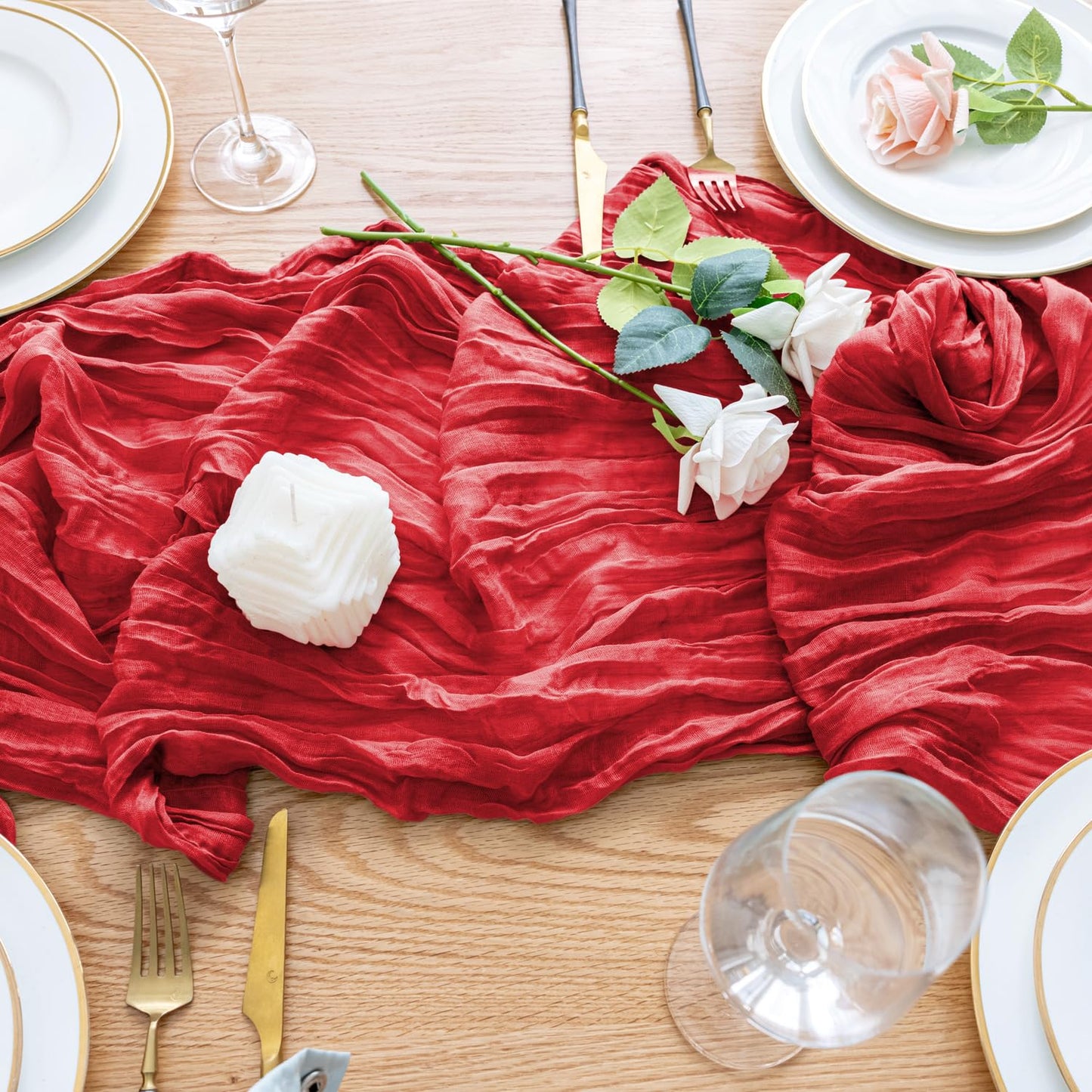 Wokceer Cheesecloth Table Runner Christmas 10FT Red Boho Gauze Fall Cheese Cloth Table Runner for Party Long Rustic Sheer Table Runners for Baby Bridal Shower Wedding Easter Table
