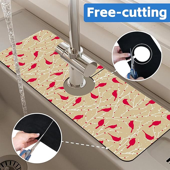 Christmas Cardinal Birds Kitchen Sink Splash Guard Mat Absorbent Fast Drying