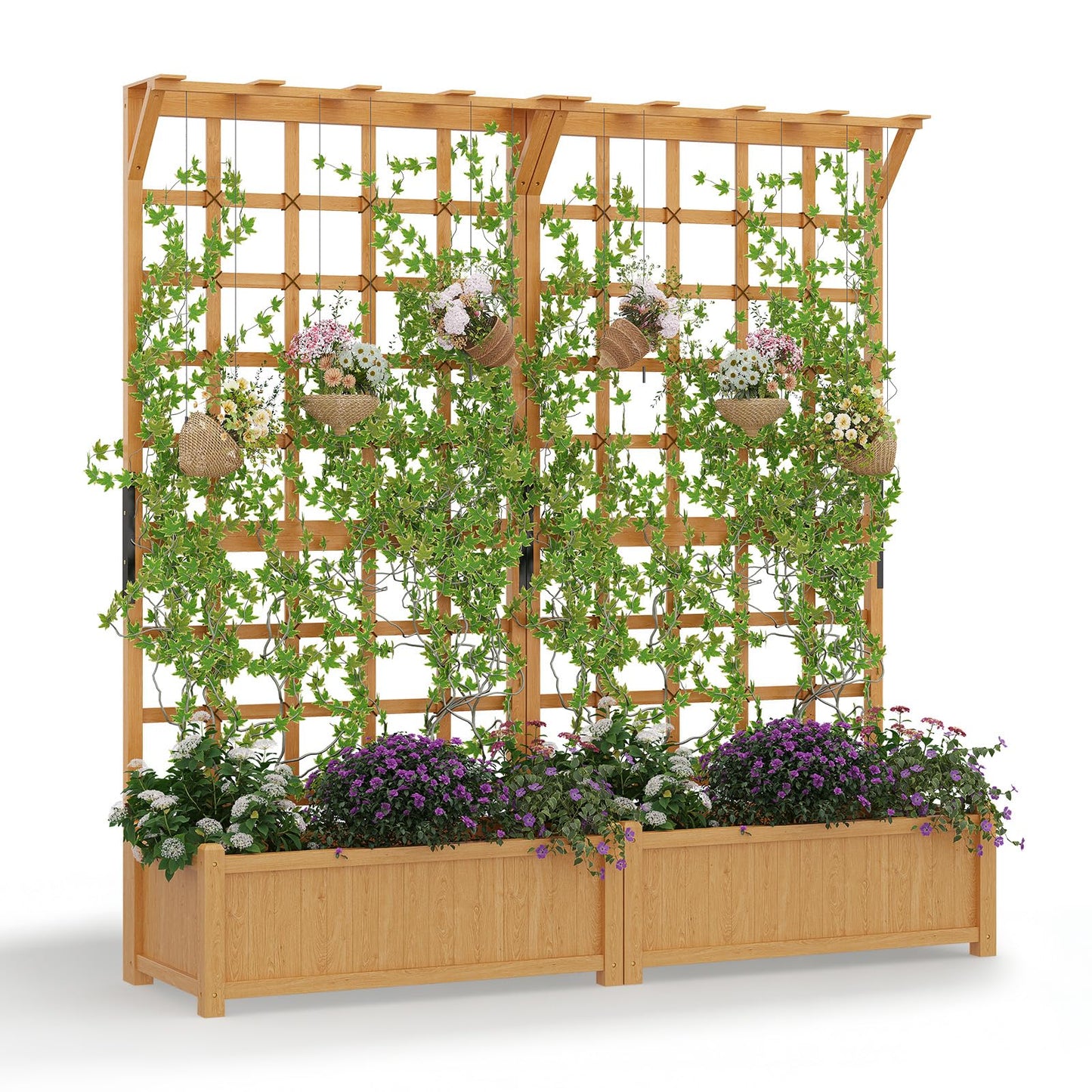 Aoxun 72" Raised Garden Bed with Trellis, Wood Planter Container with Hanging Roof & Garden Boxes for Climbing Plants Flowers Vine (2 piece)