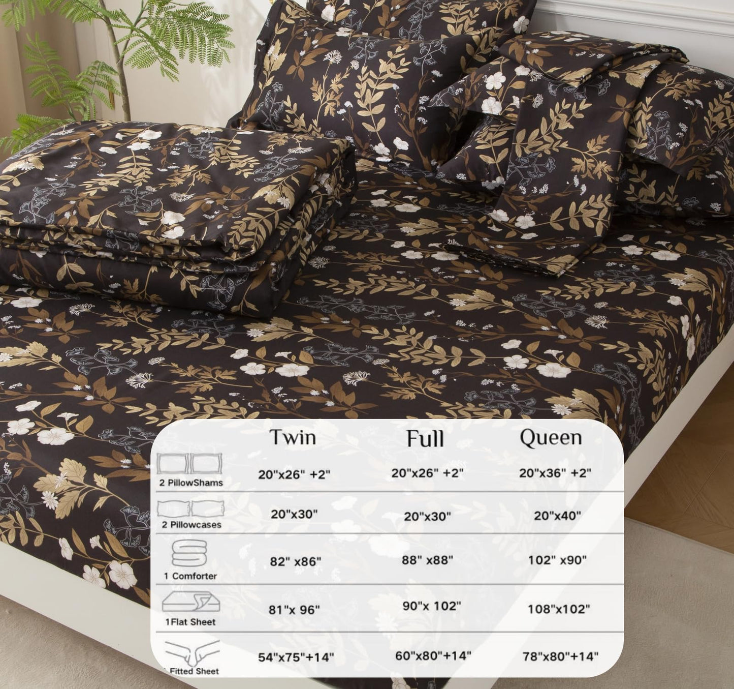 SDY 7PCS Twin Dark Floral Comforter and Sheet Set,Cute Soft Black Flower Microfiber Bedding Sets for Man Woman Adult Includes 1*Comforter,1* Flat&Fitted Sheet,2*Pillowcases,2*PillowcaseShams