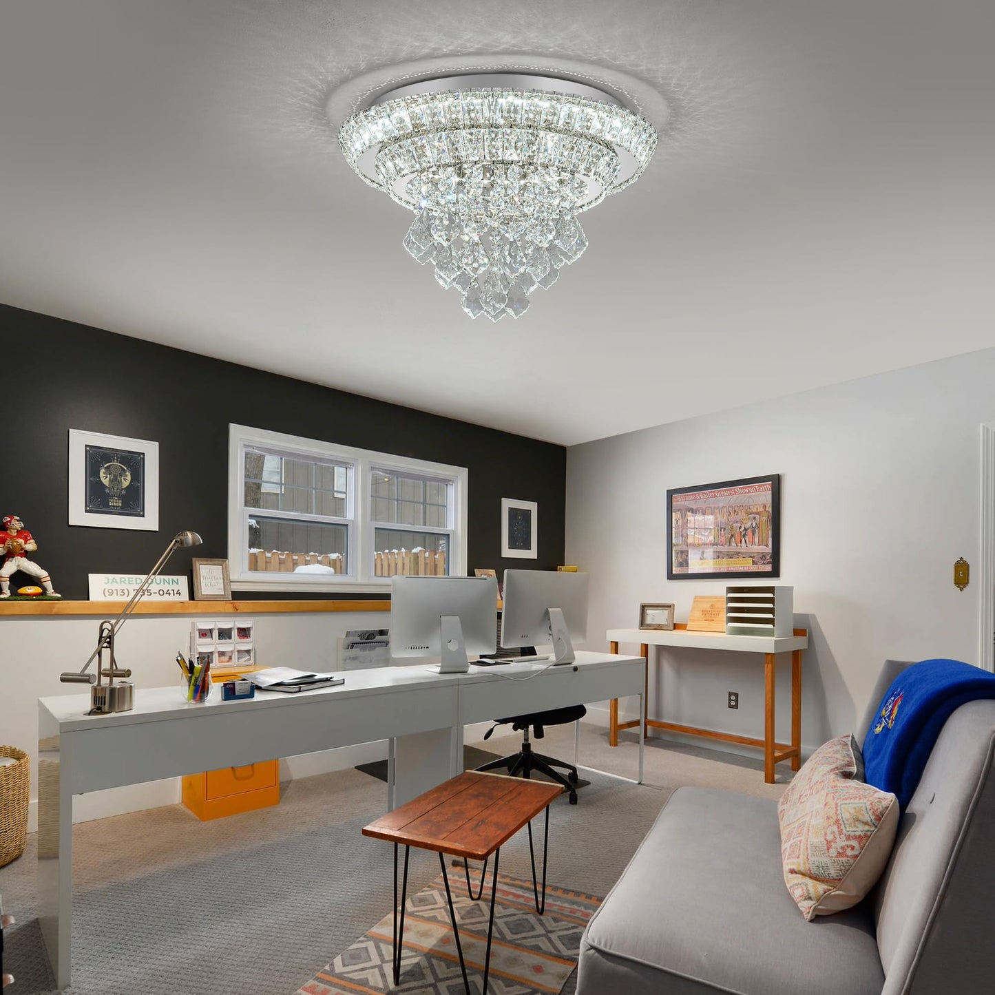 OSGNER 18" Sliver Modern Chandelier with Remote/APP,Flush Mount Crystal Ceiling Light,3-Color LED Dimmable for Living Room Kitchen Dining Room Hallway -Luxury Raindrop Style