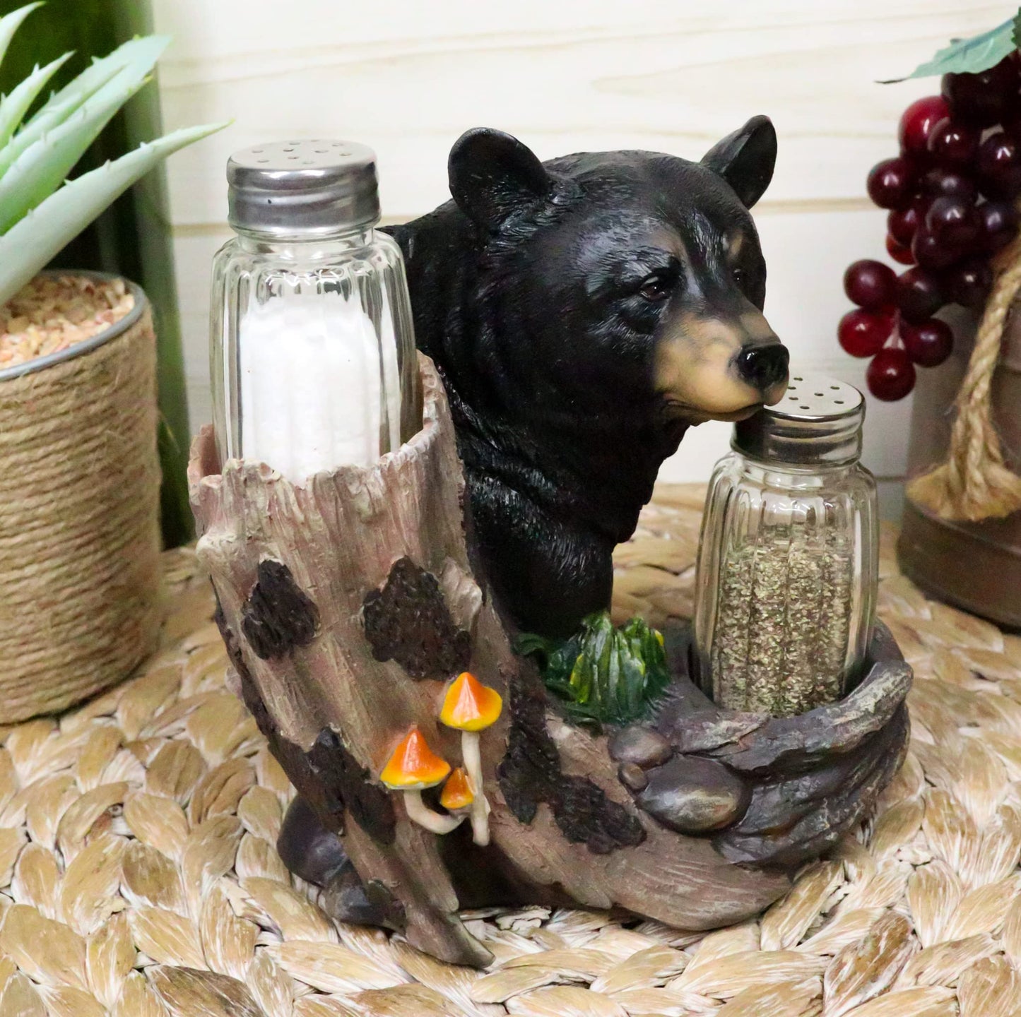 Ebros Gift Whimsical Black Bear By Toadstool Mushrooms Tree Branch Forest Woods Salt And Pepper Shakers Holder Figurine Set Rustic Bear Cabin Lodge Decor