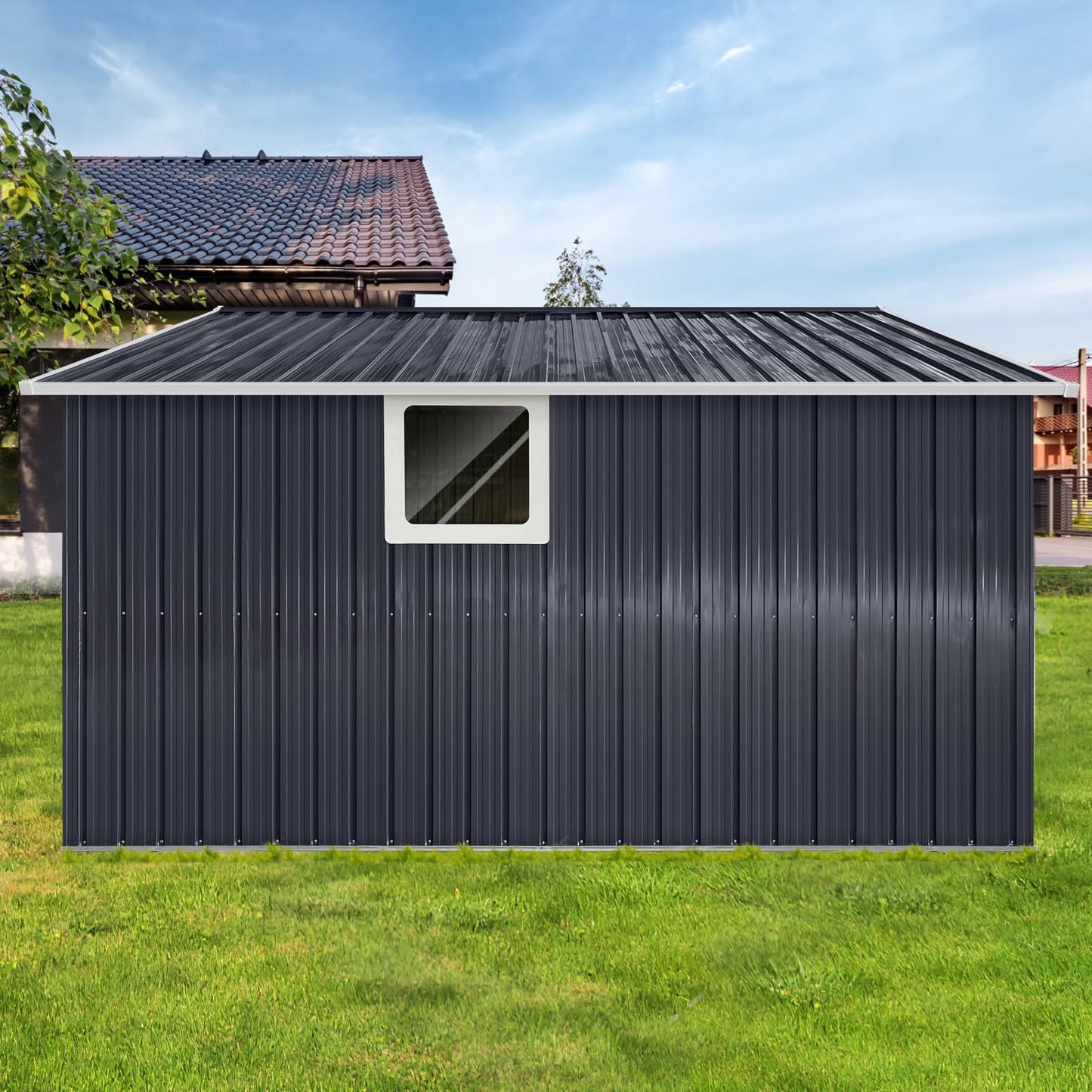 KEIKI 10.6 x 11.2FT Outdoor Storage Shed with Window, Sliding Door, Sloped Roof,Metal Garage Tool Bike Sheds for Backyard, Garden, Patio, Lawn,Gray