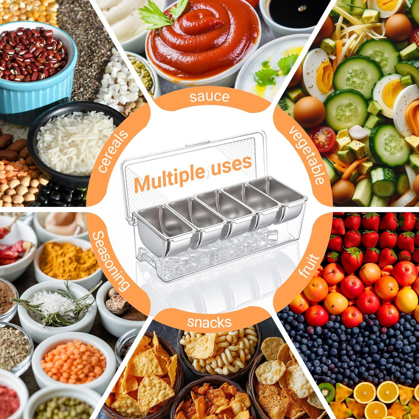Large Ice Chilled Condiment Server Caddy with 5 Stainless Steel Removable Compartments, Clear Plastic Garnish Tray with Lid, 5 Forks and 2 Tongs, Fruit, Salad, Taco, Bar Platter for Party Bar Supplies