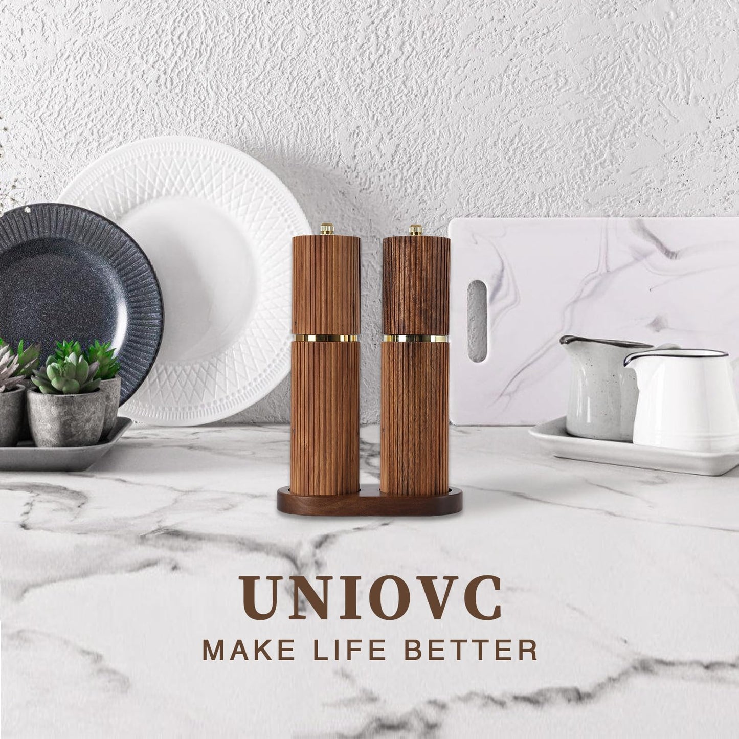 Wooden Salt and Pepper Grinder Set, Refillable Salt and Pepper grinder with adjustable Coarseness, Acacia Wood pepper mill manual, Salt and Pepper Shakers Matching Wooden tray-Ideal for Gifting