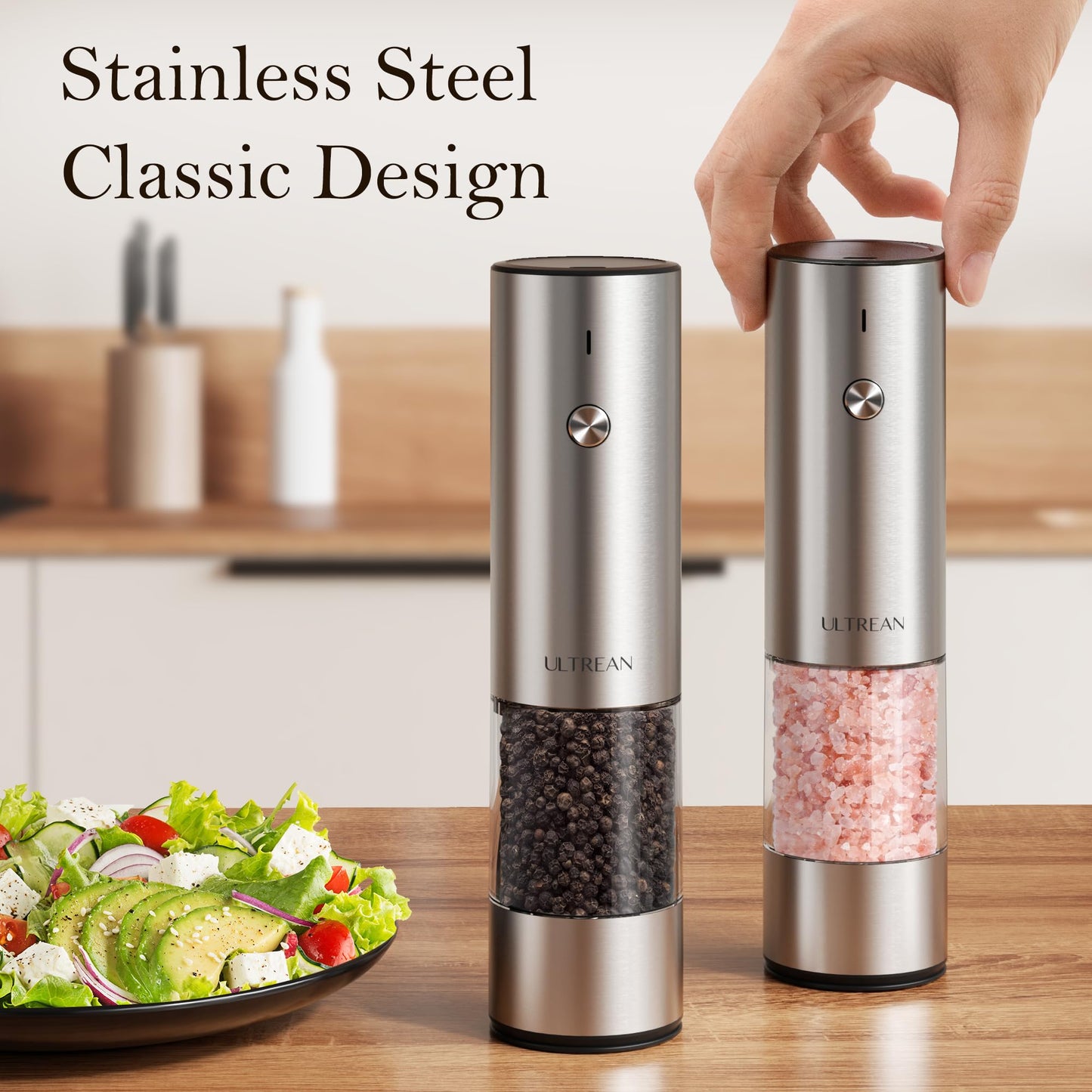 Ultrean Salt and Pepper Grinder Set, Rechargeable Salt and Pepper Shakers, 6 Adjustable Coarseness, LED Light, Kitchen Gadget Cooking Gifts Valentines Day Gifts for Him Her Mom Dad, Stainless Steel